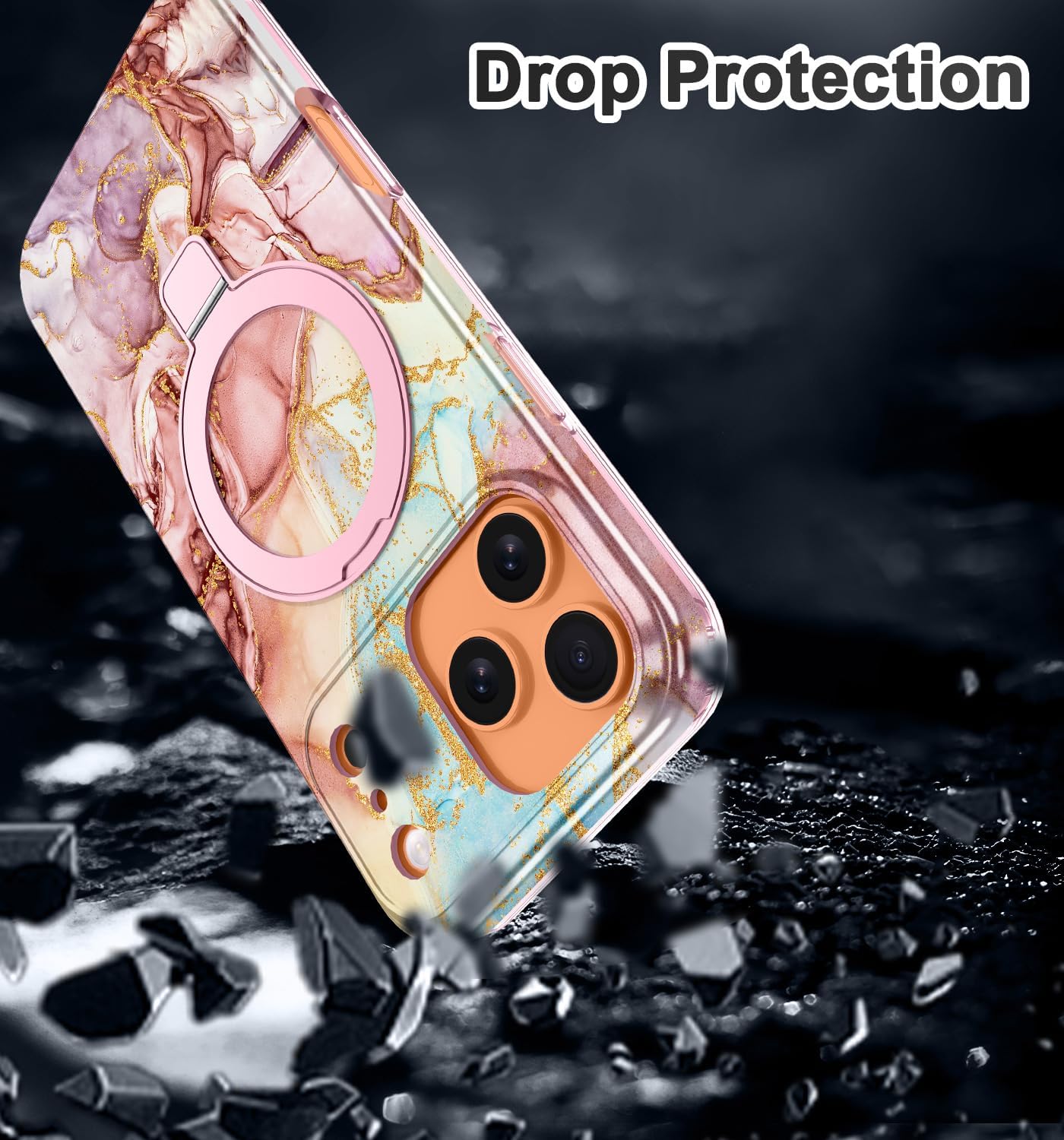 Lamcase for iPhone 17 Pro Case with Magnetic Invisible Ring Stand [Compatible with MagSafe], Full Body Rugged Slim Women Men Girl Shockproof Marble Pattern Design Case, Rose Gold - Image 8