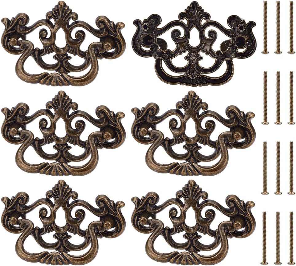 PH PandaHall 6 Pack Antique Drawer Pulls, Dresser Drawer Pull Handles 4" Vintage Cabinet Pulls Cabinet Knobs Shabby Chic Pull for Dresser Vanity Nightstand Cupboard Wardrobe, Antique Bronze