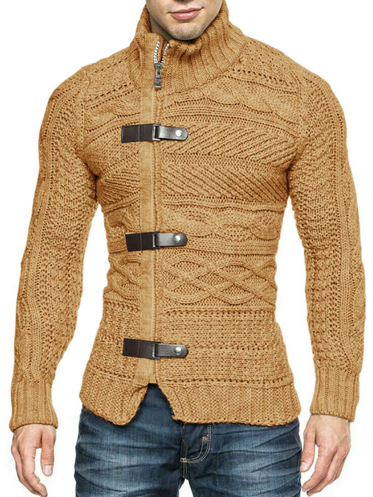 Men's Cable Knitted Oplique Zip Button Front Cardigan Sweater