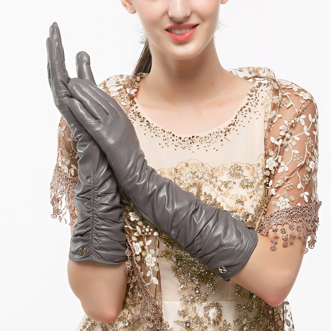 women's l'hiver des gants en cuir véritable nappa ruched à écran tactile coude partie mitaines en cuir