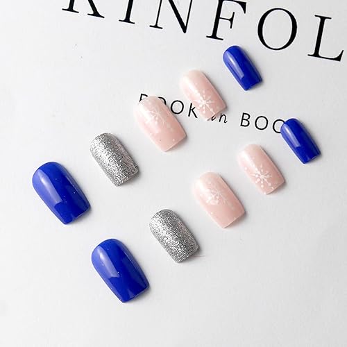 Miniatura 10 de Uñas postizas cortas a presión con copos de nieve, uñas postizas cuadradas de Navidad, uñas acrílicas de hombre de jengibre de nieve blanca, kit de