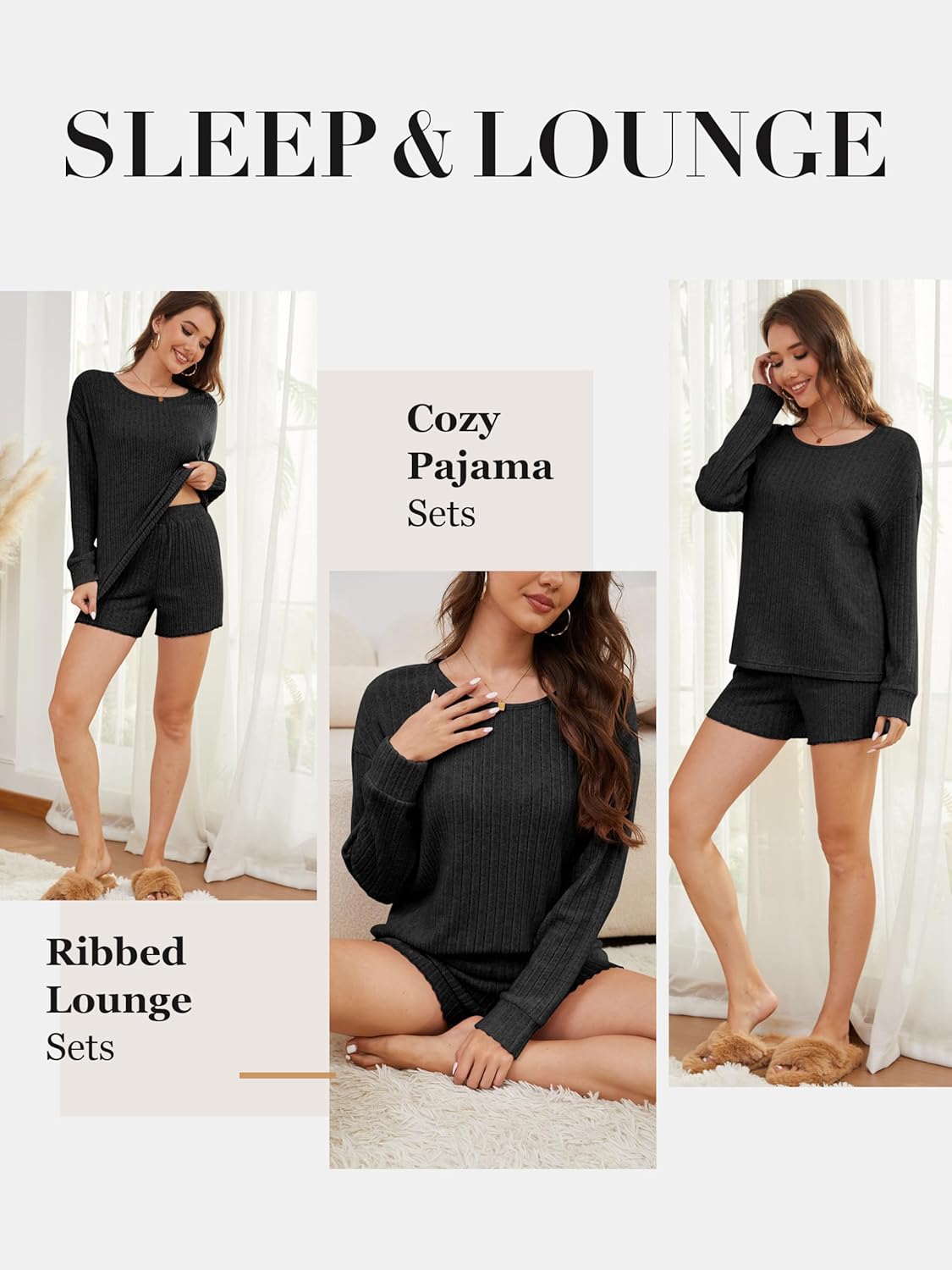 ANRABESS Women's 2 Piece Lounge Pajama Sets Casual Ribbed Long Sleeve Top Matching Shorts Sleepwear PJ Set 2025 Fall Outfits - Image 7