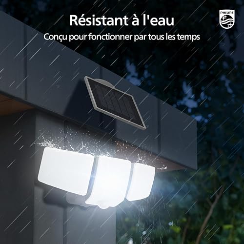 Philips Lampada di sicurezza solare 3600LM, impermeabile e dimmerabile con sensore di movimento LED per esterno, 3 teste orientabili con cavo da 5 m, pannello solare separato con 3 modalità - 6