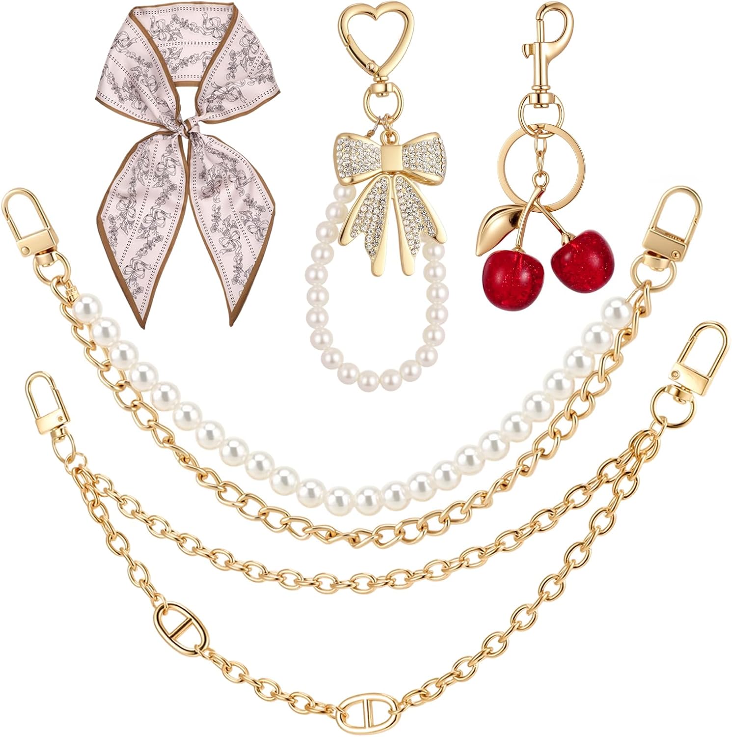 JATEBI 5 Pack Bag Charms Include Scarf Pearl Purse Chain with Cherry Pearl Keychain, Purse Charm Accessories for Women Handbags Shoulder Crossbody Bags