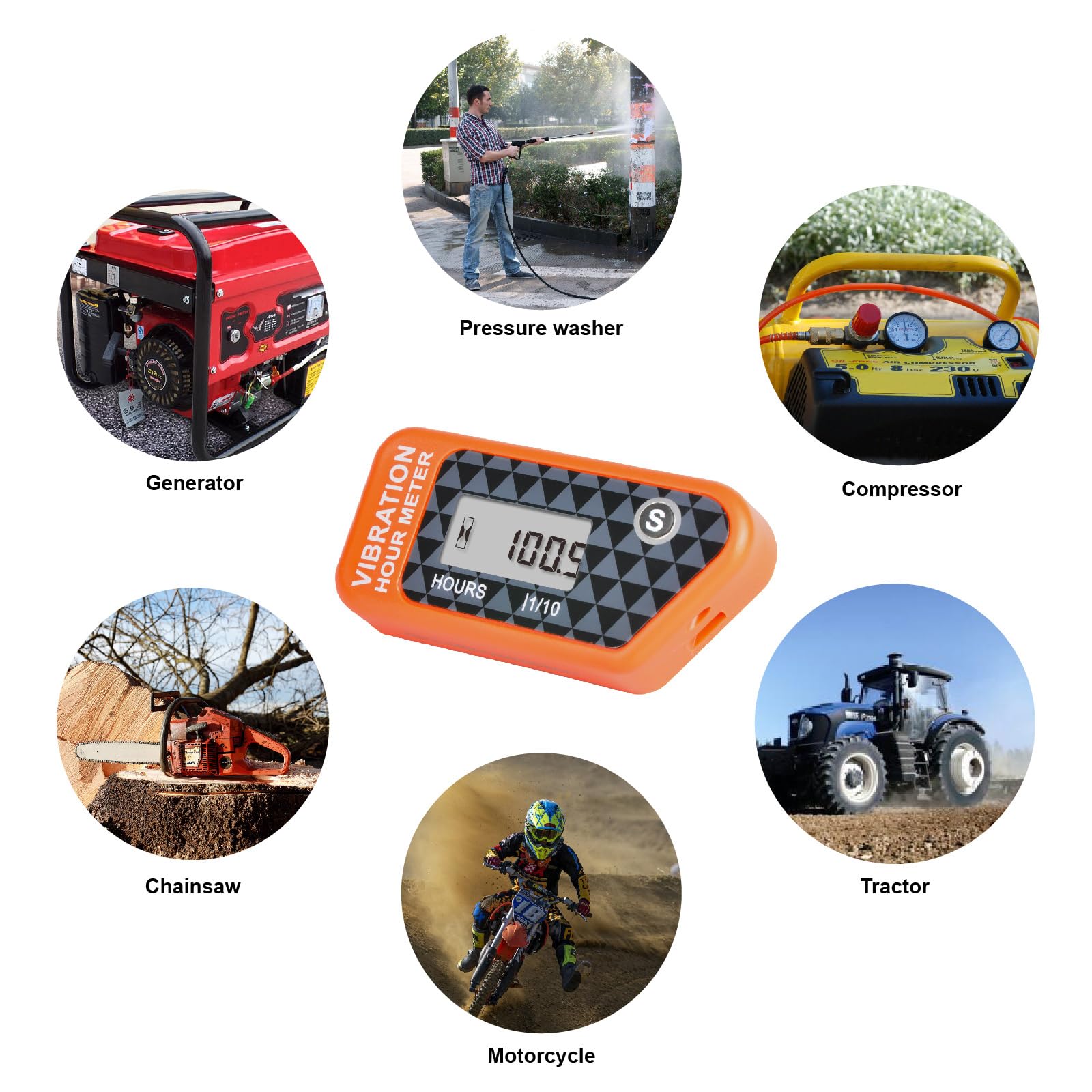 Runleader Compteur d'heures numérique sans fil avec propre alimentation, minuterie de travail réinitialisable activée par les vibrations, verrouillage de l'utilisateur pour le générateur Marine Lawn