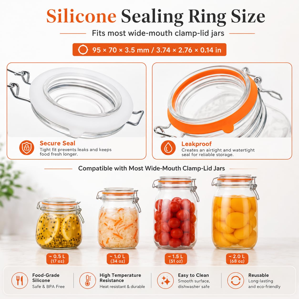 12 Pcs Junta De Silicona De Repuesto Para Tarro, Junta HerméTico, Anillo Sellado HerméTico A Prueba De Fuga, Juntas De Silicona Para Tarros De Repuesto Para Frascos De Vidrio(Naranja, Blanco, Rojo) | Junta hermética de goma estándar de 3.5 de grosor para