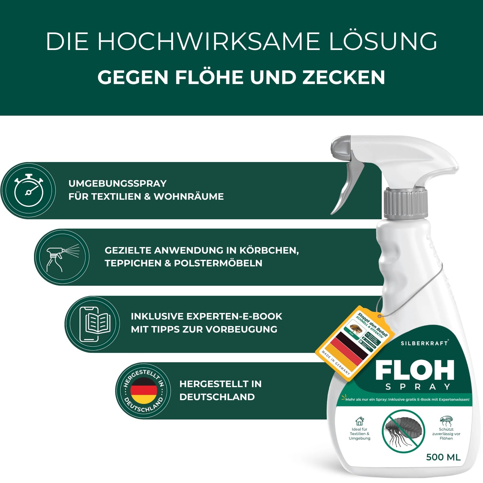 Silberkraft Flohspray für Wohnung & Möbel 500 ml - effektives Abwehr-Mittel gegen Flöhe & Larven mit Sofortschutz - Flohmittel zum Flöhe bekämpfen - hochwirksam & laborgeprüft