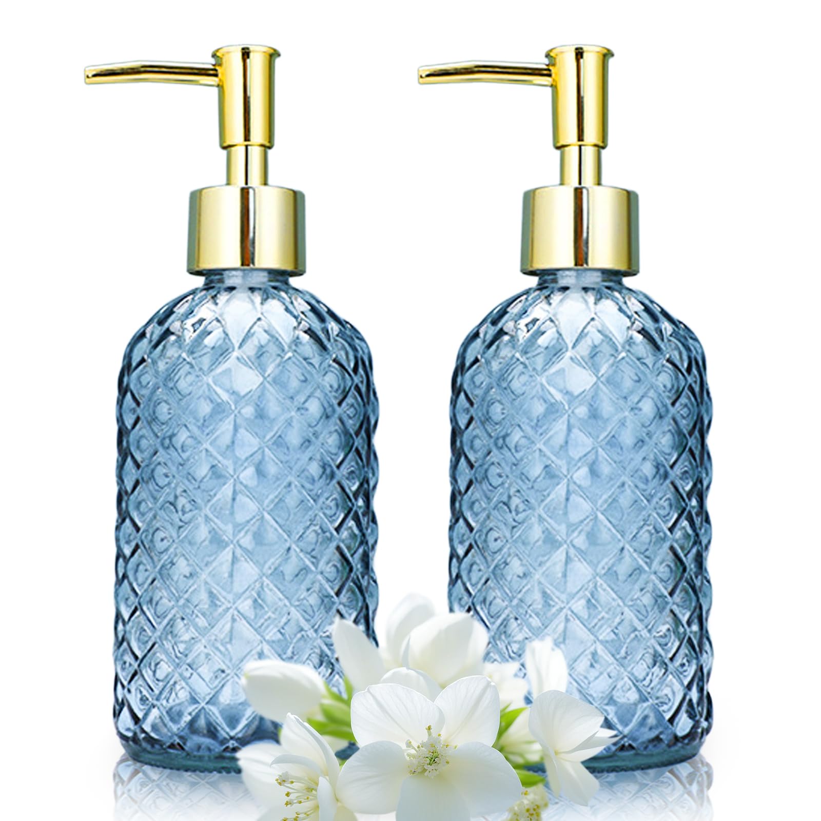 Funcetends Blue 2 Pack Glass Soap Dispenser, 400Ml Glass Soap Dispenser Bottle With Pump, Refillable Liquid Hand Jar Dispenser For Bathroom, Countertop, Kitchen, Laundry Room