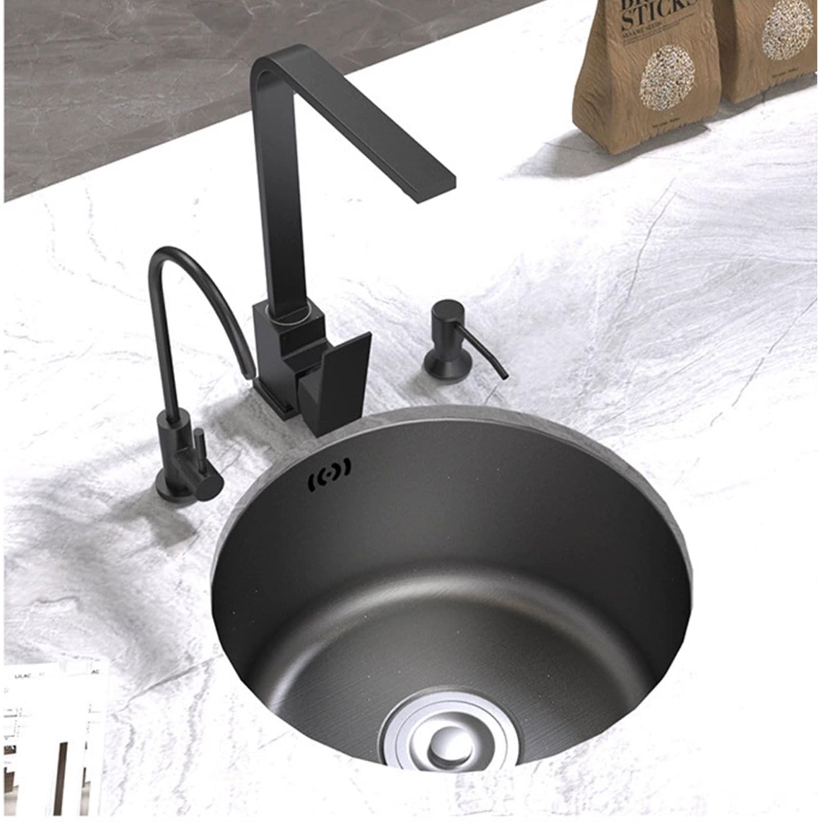 Évier cuisine compact cuve simple noire et kit de vidage pour petite cuisine