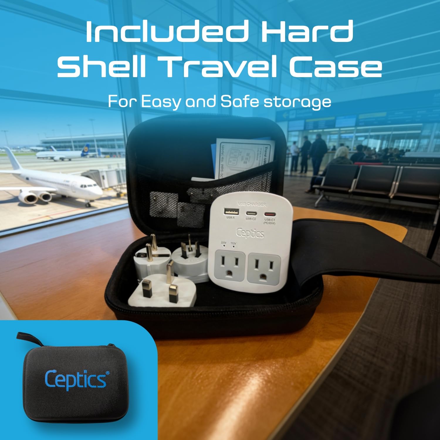 Ceptics World Travel Adapter Kit - QC 3.0 2 USB + 2 prese USA, protezione da sovratensioni, spine per Europa, Regno Unito, Cina, Australia, Giappone, perfetto per laptop, telefoni cellulari,