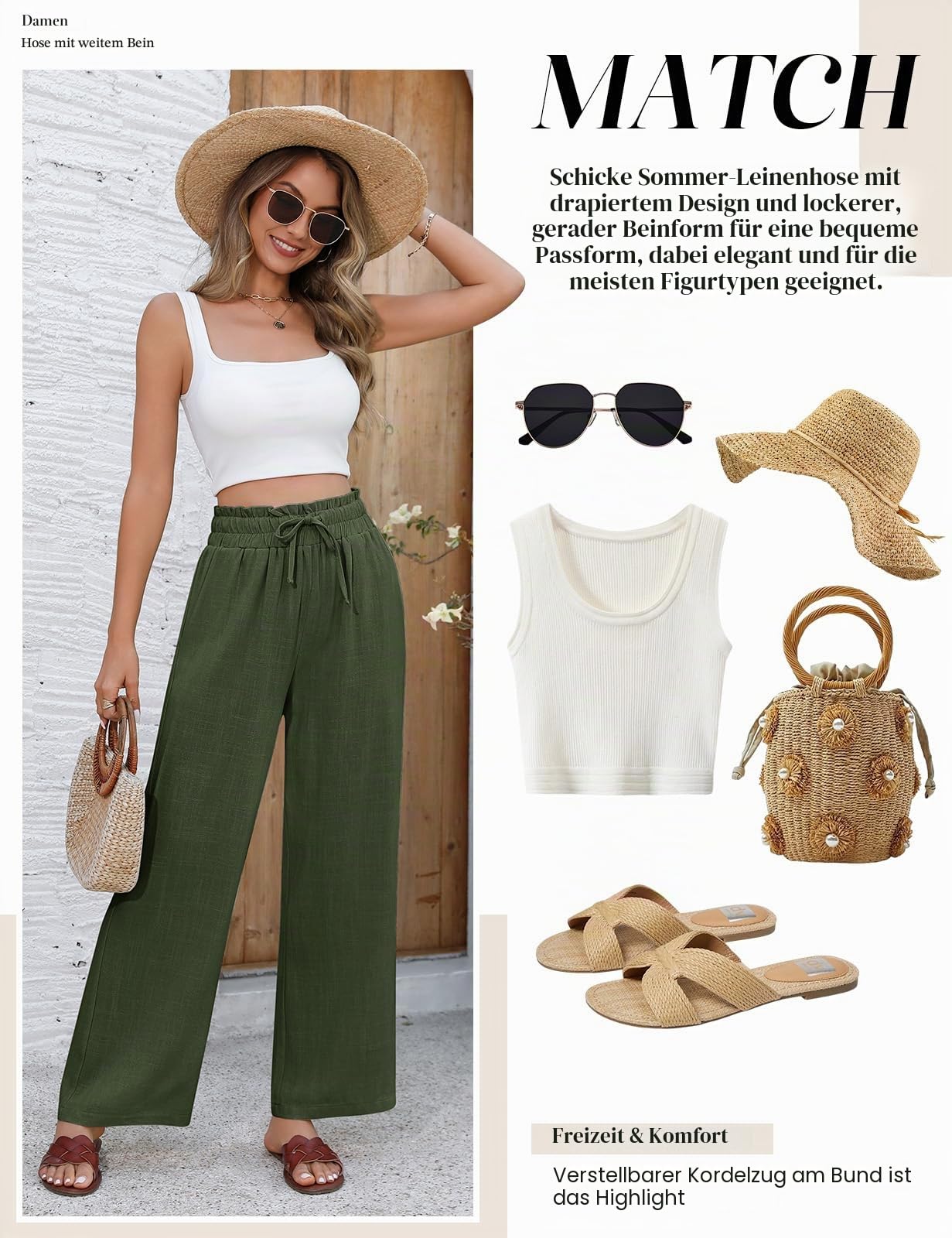 heekpek Leinenhose Damen Sommerhose Leichte Luftige Baumwolle Leinen Weites Bein Hose Sommer Loose Lang Freizeithose Elastisch Hohe Taille Bequeme Stoffhose Elegante Strandhose