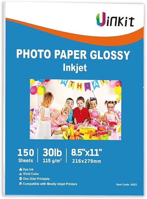 Glossy Thin Inkjet Paper 8.5x11 Inches 115gsm 30lb for DIY Chip Bag and Print Brochure Flyer for Inkjet Printer Use DYE INK (150)