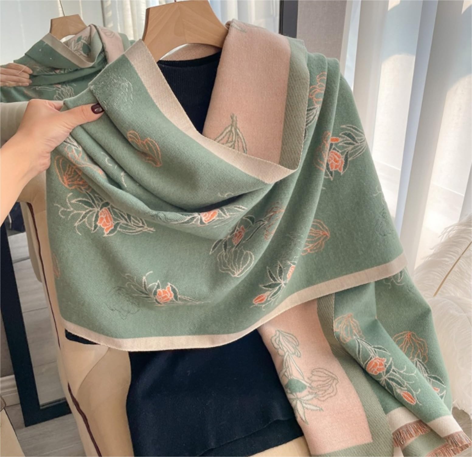 Habrur Bufanda Chal Fular Bufanda Cálida De Doble Cara para Mujer, Chal con Estampado De Flores Y Otoño De Invierno, Grueso Estolas Bufandas (Color : Grün, Size : 190 * 65cm)