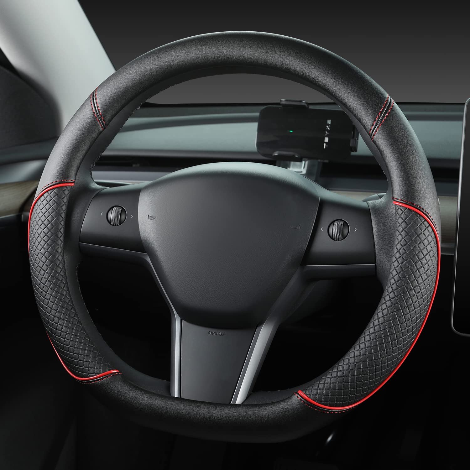 GIANT PANDA Housse de Volant en Cuir PU Compatible avec Tesla Model 3 / Tesla Model Y,Volants Forme D - Noir + Rouge