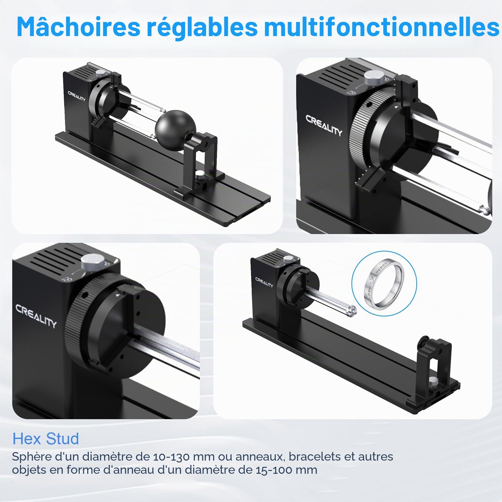 Creality Galet rotatif laser, mandrin rotatif sur axe Y pour graveur Falcon, kit rotatif Pro avec mâchoire 3 en 1 et module adapté pour la gravure d'objets cylindriques, verres à vin, gobelets, bagues