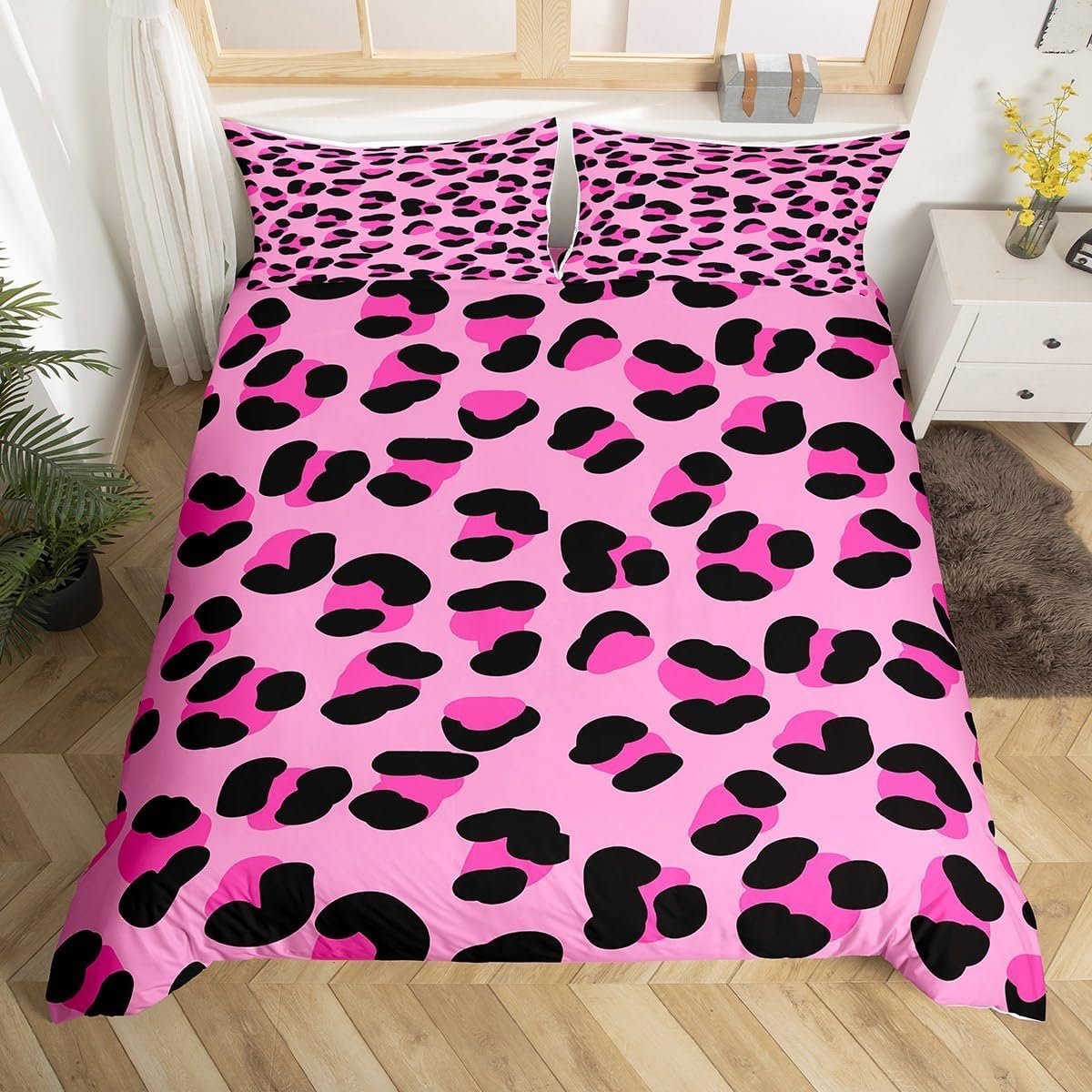 Homewish Leopard Print Bedding Duvet Cover Set Super King For Kid Teen Adult Cheetah Leopard Decotive 3 Piece Comforter Cover Set And 2 Pillow Sham Africa Animal Theme Pink Black
