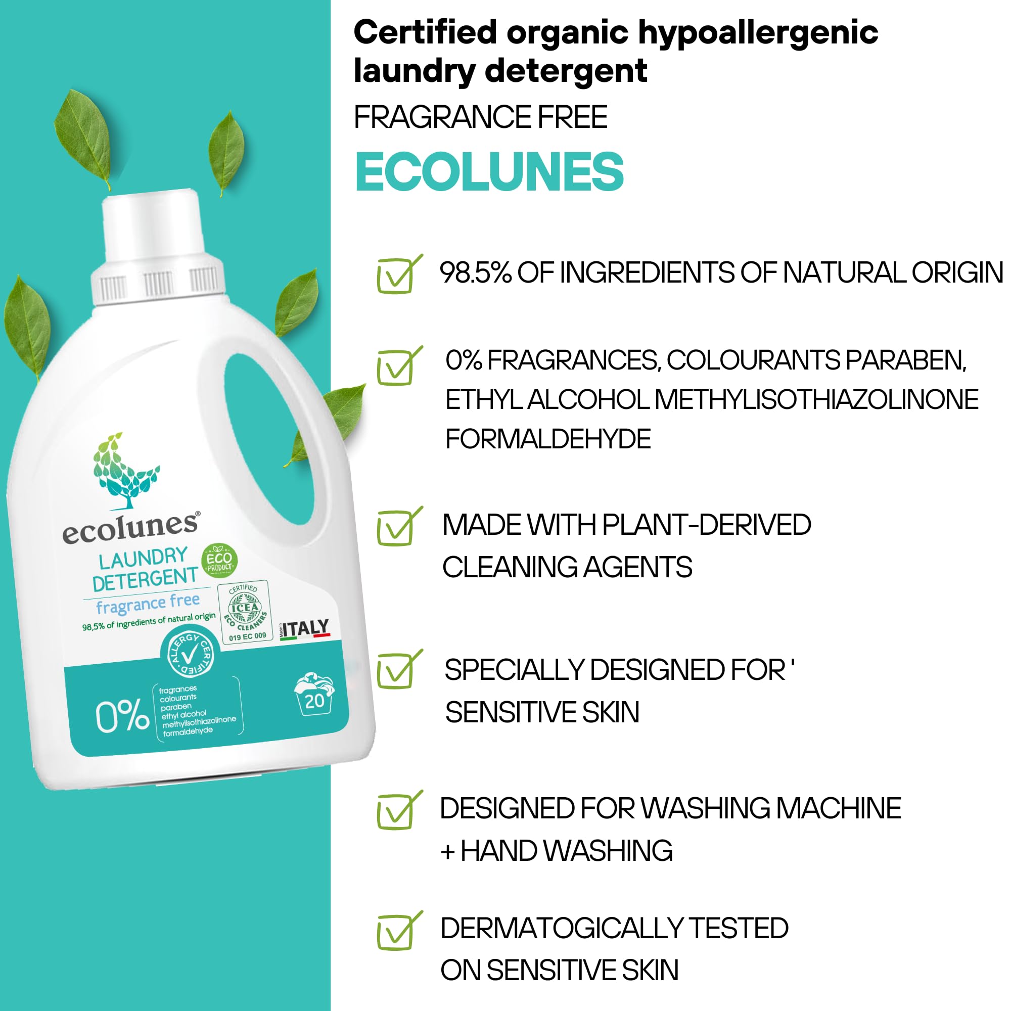 Ecolunes Laundry Detergent fragrance free, bezzapachowy proszek do prania 98,5% składników pochodzenia naturalnego, opracowany specjalnie dla skóry wrażliwej, testowany dermatologicznie, 1L