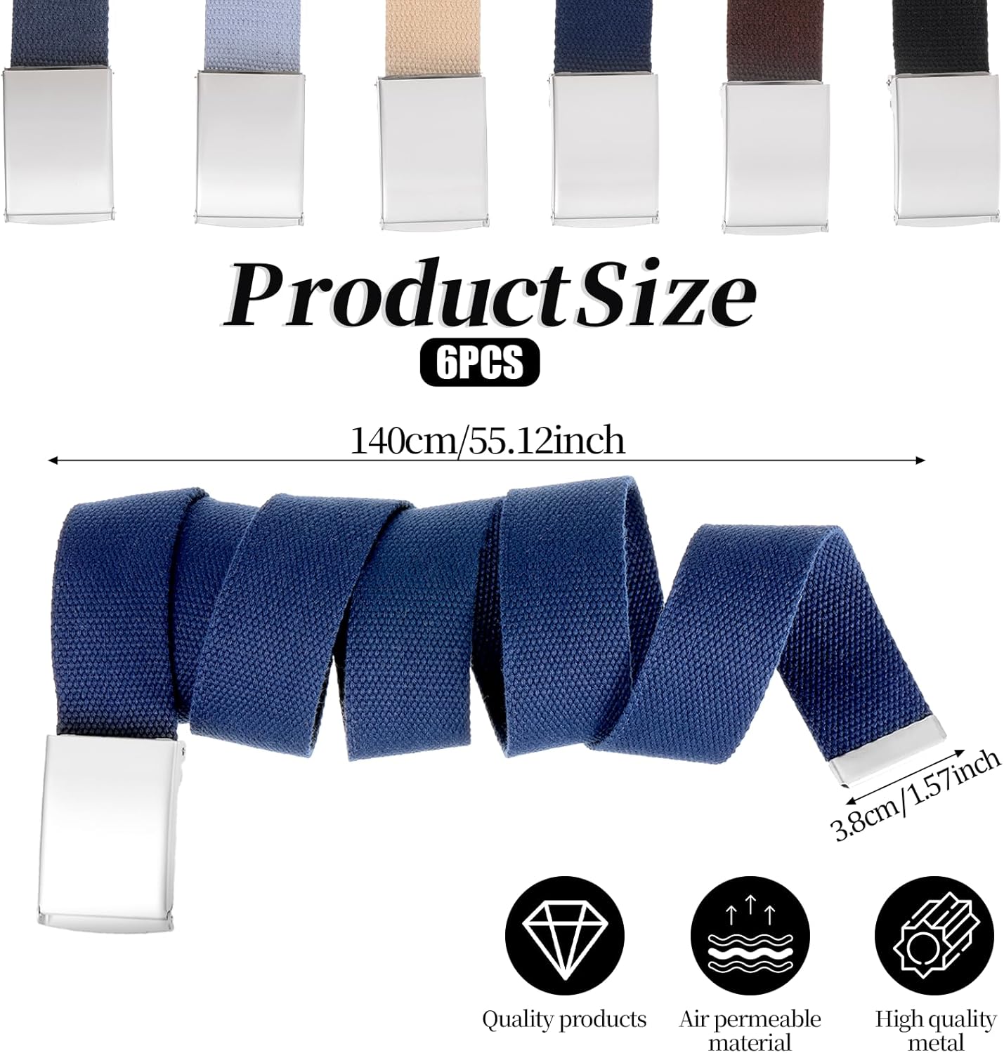 Giantree 6 Pack Golf Belts for Men, Adjustable Nylon Web Belt Size up to 55" 6 Color Solid Alloy buckle Men's Golf Web Belt - Image 2