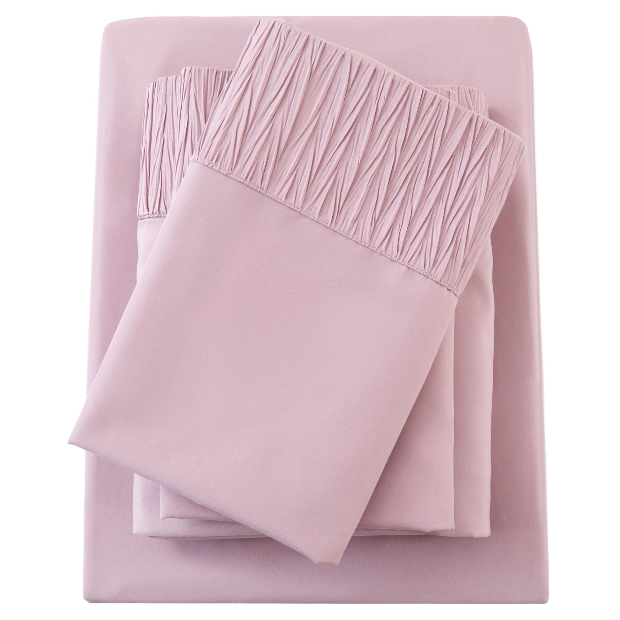 Bedmoon Full Sheets, Soft Microfiber Cooling Sheets with Corner Straps, Pink Deep Pocket Luxury Hotel Cozy Bedding Set