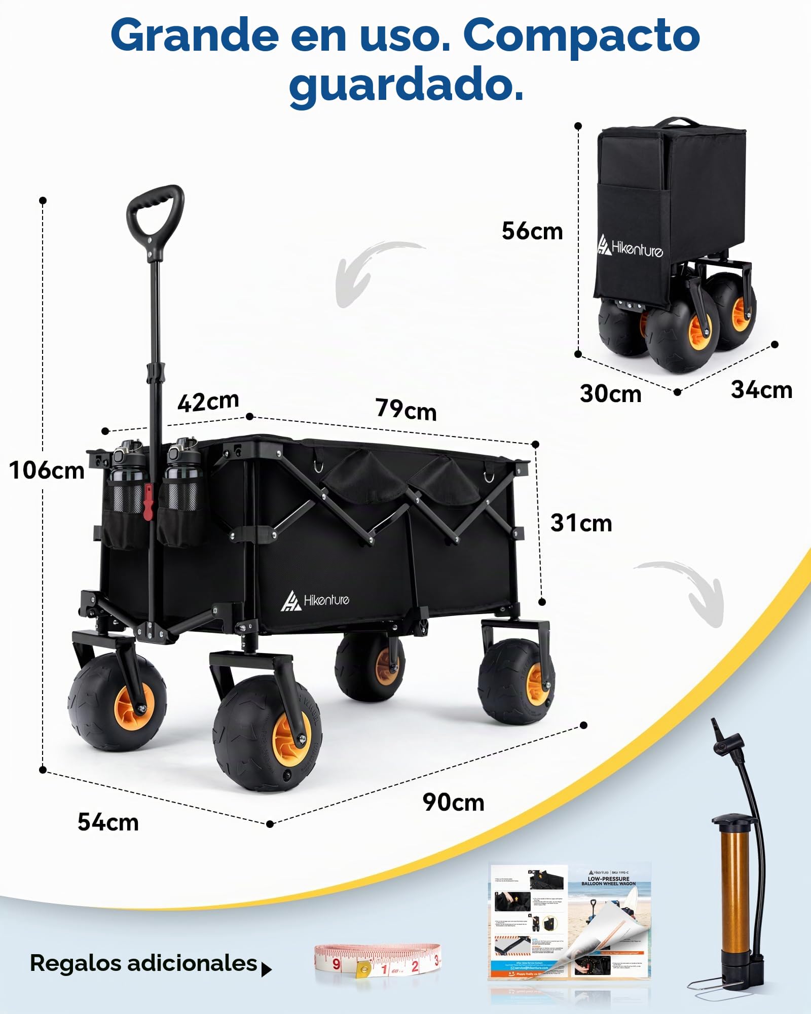 HIKENTURE Carro de playa plegable con neumáticos de aire de 7,5 pulgadas, carro plegable de 135 l con ruedas de playa de 19 x 10 cm, soporta 150 kg, carrito de mano plegable para playa y exterior