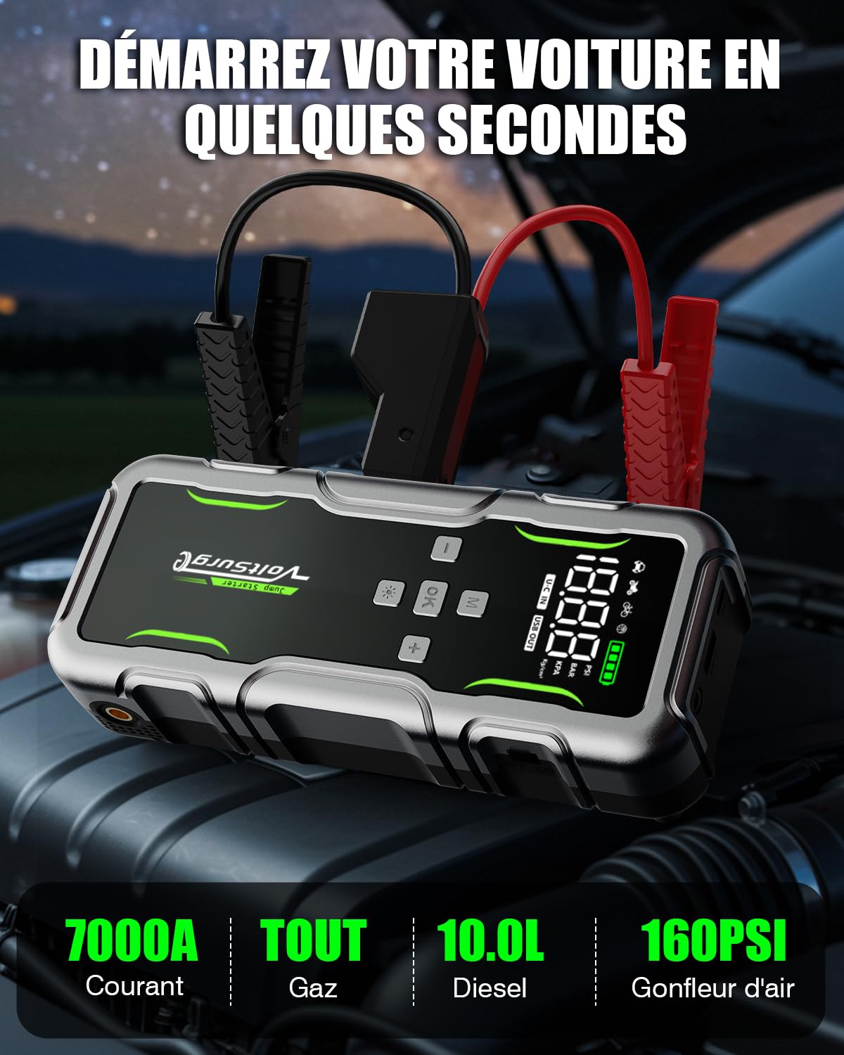 7000A Booster Batterie Voiture avec Compresseur à Air 160PSI, 12V Démarreur Batterie Voiture(Gasolina/Diésel 12.0L) Jump Starter pour Véhicule Con Gonfleur Pneus Voiture, LCD Grande, Lumens LED