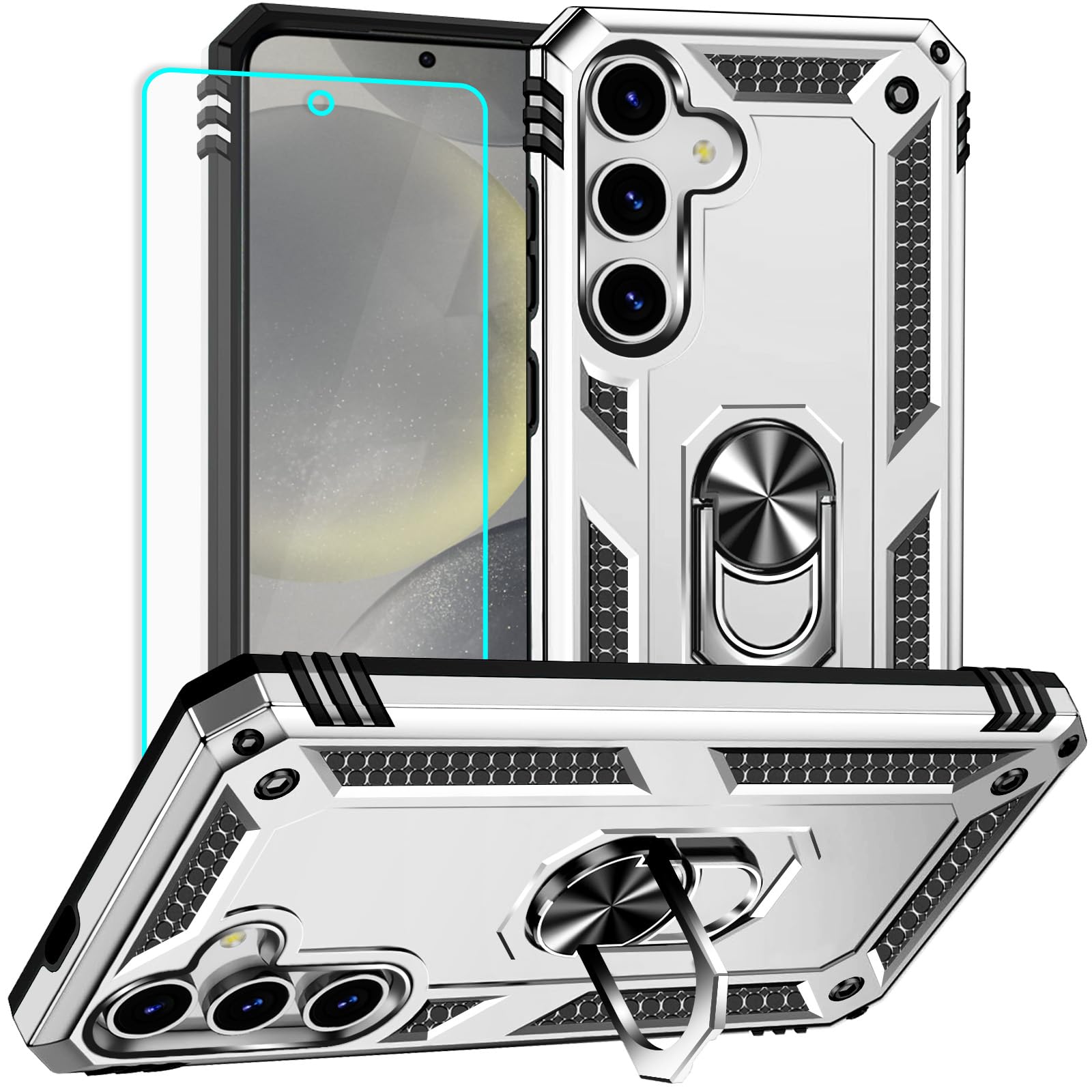 Yiakeng for Samsung Galaxy S25 Case: with Screen Protector - Military Grade Protective Cases with Finger Ring Holder Kickstand for Samsung S25(Silvery)