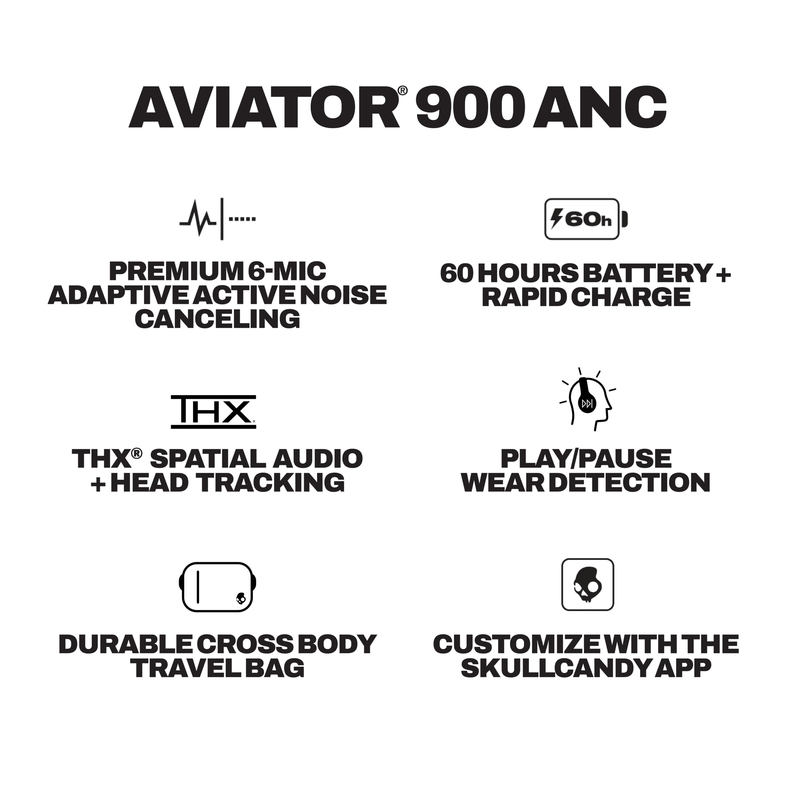 Skullcandy Aviator 900 ANC Wireless Over-Ear Bluetooth Headphones, THX Spatial Audio with Head Tracking, Adaptive Noise Cancelling, Up to 60 Hours Battery, Microphone for iPhone Android - True Black