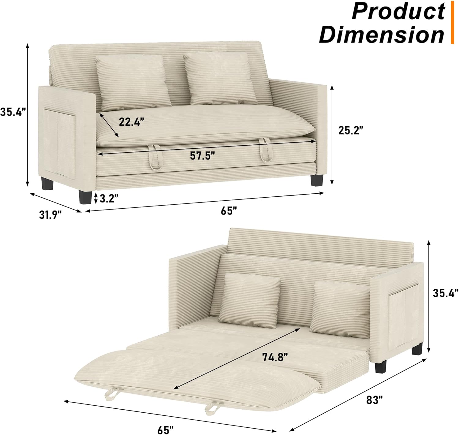 XVD 65 Inch Convertible Loveseat Sleeper Sofa Bed with Storage Pockets & 2 Pillows - 2-in-1 Folding Couch for Small Spaces, Modern Corduroy Loveseat for Apartment, Living Room, Guest Room, Beige | 2-in-1 Convertible, Smart Storage Pocket, Premium Corduroy, Removable Cover, Two Matching Pillows, Deep Seats