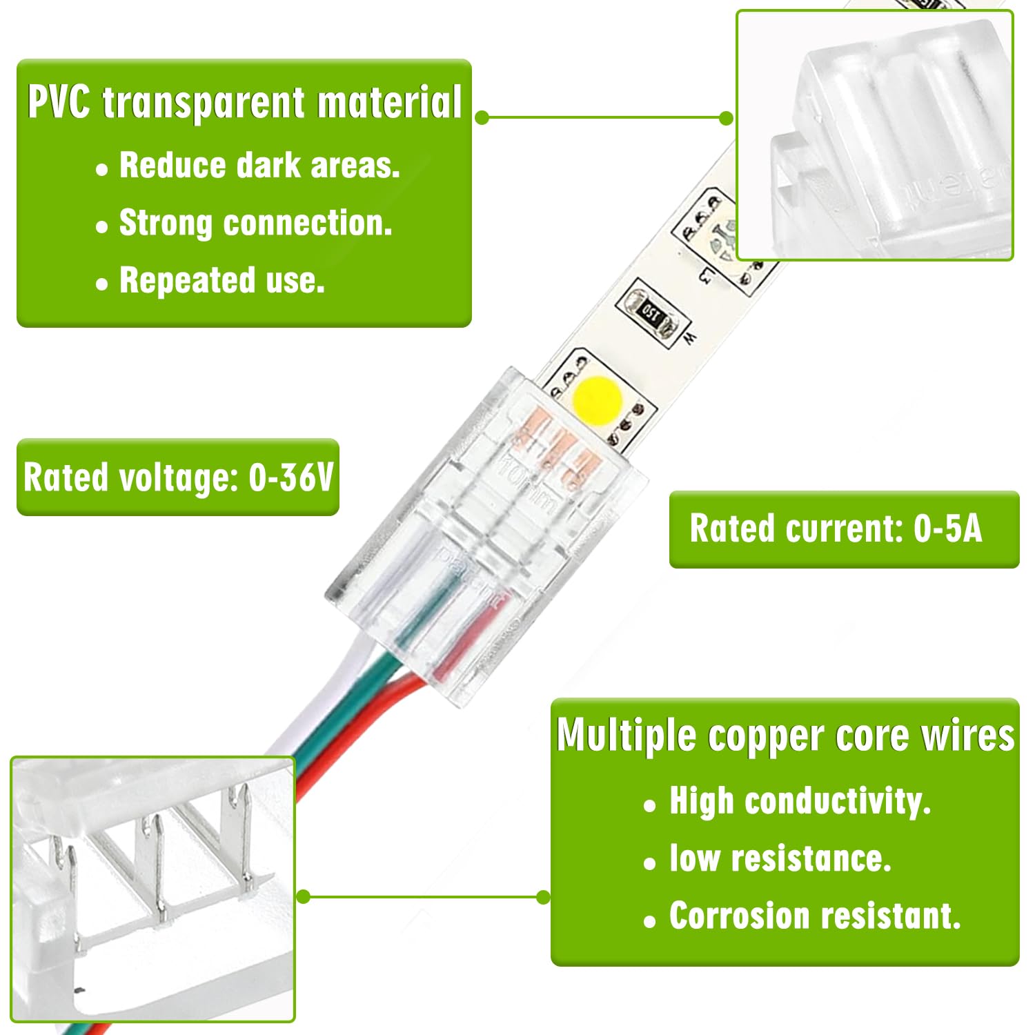 EPLZON 10mm 3-Pin LED Strip to Wire Quick Connector - RGB Light Adapter Clear Unwired Gapless Track for 5050 LED Strip (20pcs) - Image 3
