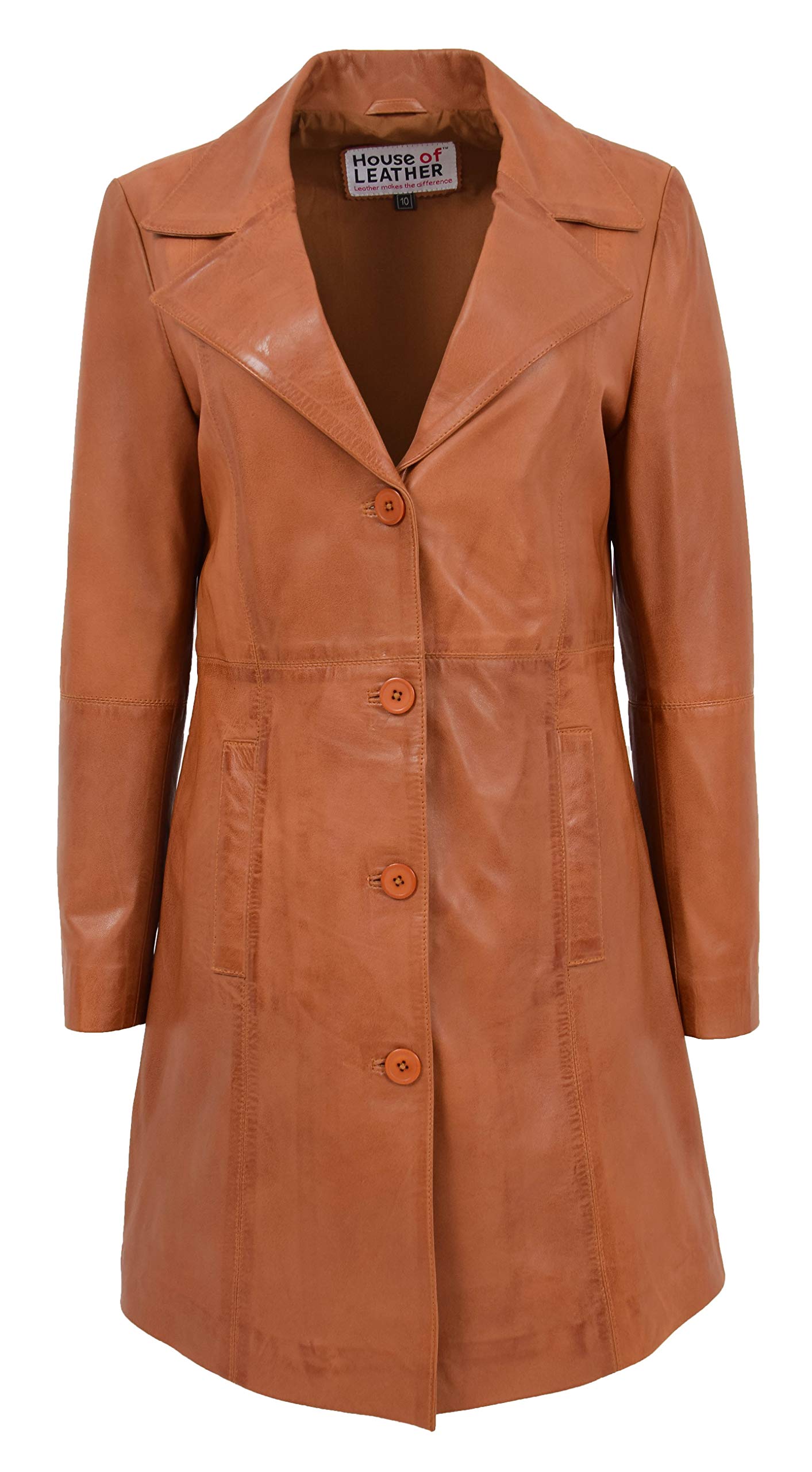 Womens Real Leather 3/4 Length Mac Coat Button Fastening Macey (20, Tan)