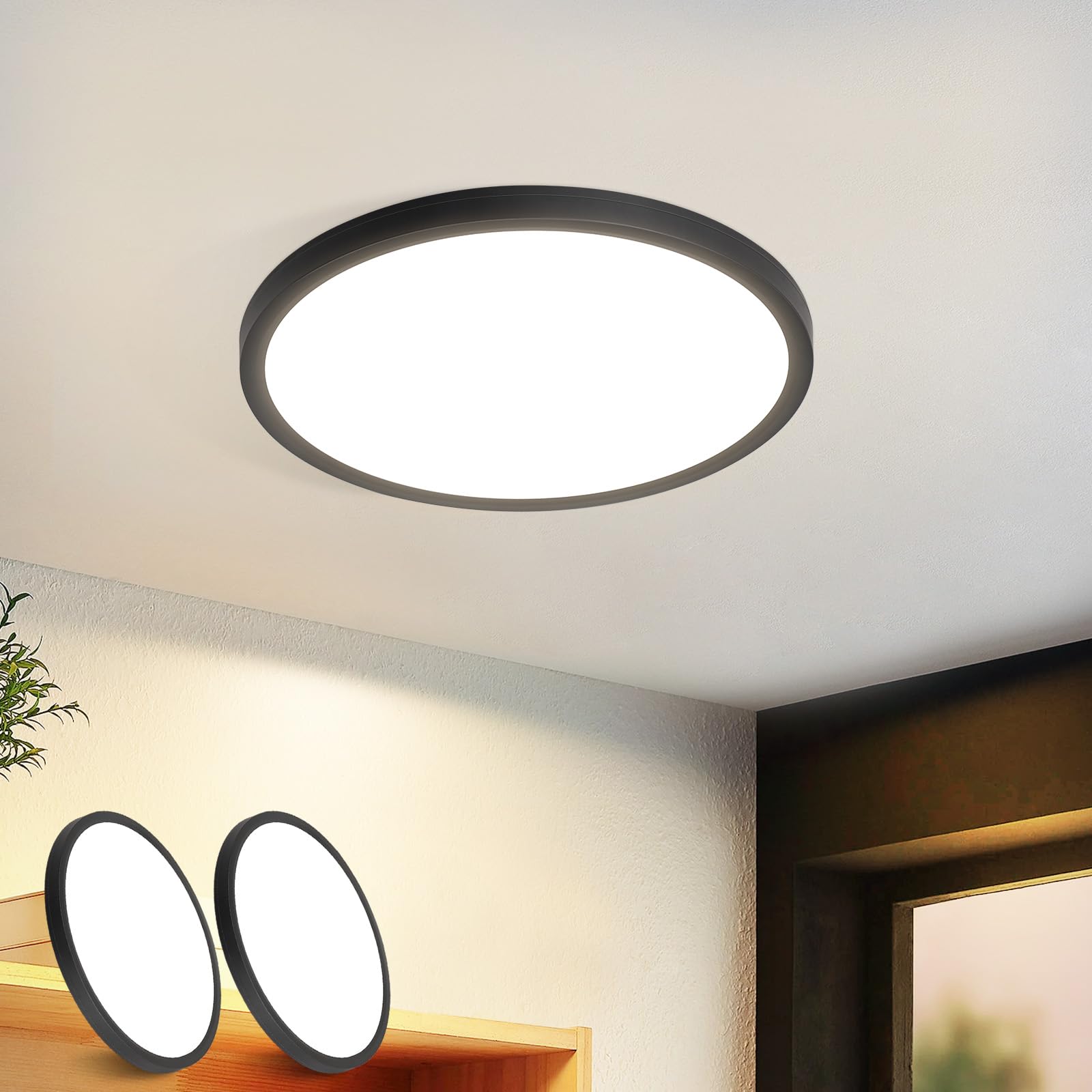 muyuua Deckenlampe LED Deckenleuchte Flach - Rund Badezimmerlampe 18CM IP44 Wasserdicht Badlampe Küchenlampe Decke Schwarz Flurlampe 15W Augenschutz 4000K Neutralweiß für Bad Küche Flur 2ER