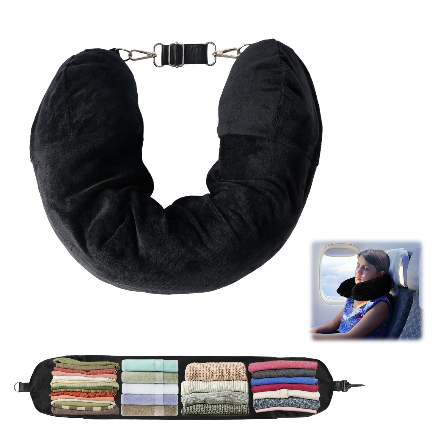 travel pillow stuffable with clothes, soft plush stuffable travel pillow transformable neck pillow for 3-day travel essentials, only travel pillowcase, no filler (black)