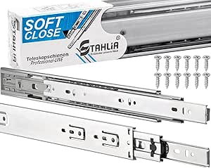 Stahlia Schubladenschienen 2 STÜCK VOLLAUSZUG mit Selbsteinzug &amp; Dämpfung (Softclose) Rollenauszug Teleskopschiene Schubladenauszug H: 45 / L: 300 mm | Tragkraft 35 kg/Paar |Kugellager mit Stahlkäfig