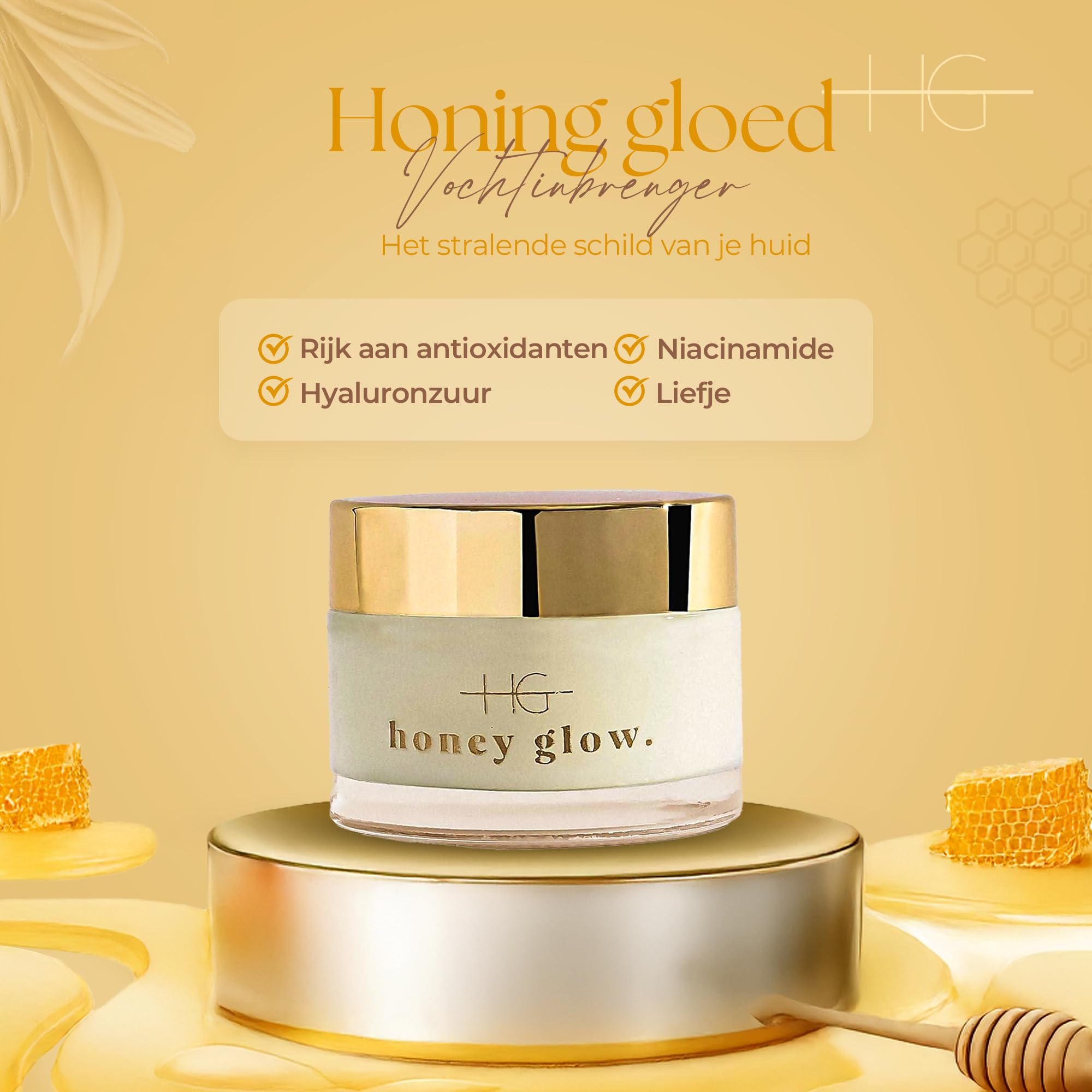 HoneyGlow ultra nawilżający ceramiczny krem do twarzy z miodem, wzmacnia barierę dla skóry i chroni przed światłem słonecznym, SPF15, sformułowany z niacynamidem, kwasem hialuronowym i