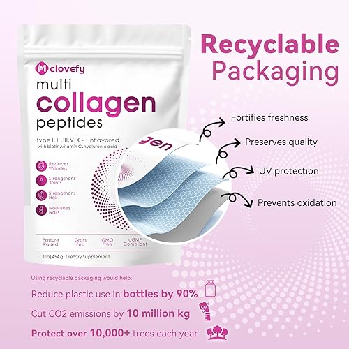 Miniatura 6 de Multi Collagen Peptides Powder, 16 oz (41 porciones)  Suplemento proteico tipo I, II, III, V, X con ácido hialurónico, vitamina C y biotina, sin