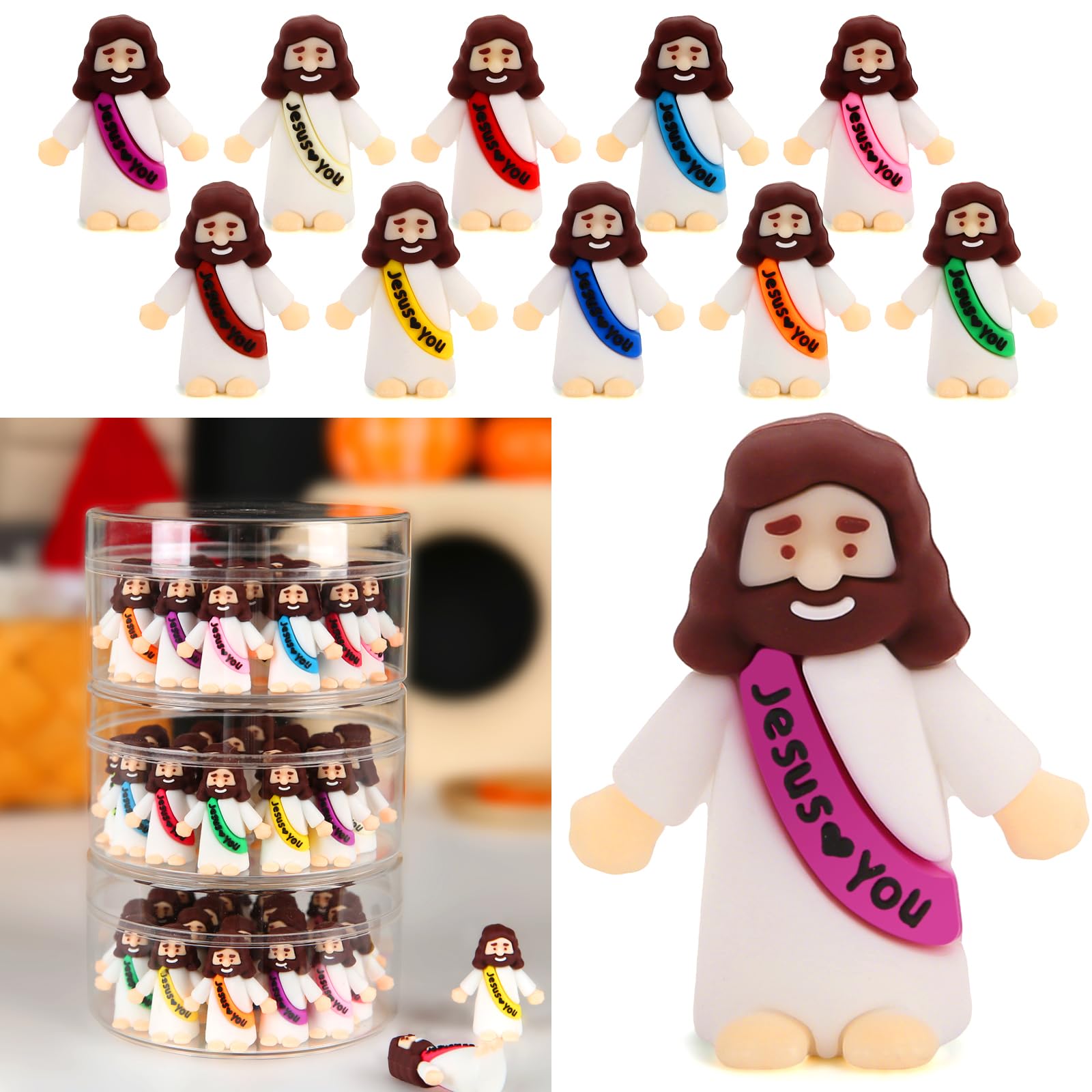 Photo 1 of 100 Pcs Little Jesus Figures, Jesus Loves You Figures, Mini Jesus Figurines in Bulk, Tiny Baby Jesus Figures for Crafts Pocket Hide and Seek, Sunday School Religious Party Favors Gift (10 Colors)