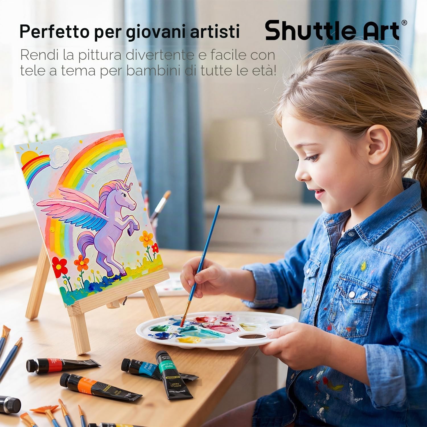 Pack 69 Kit Pittura bambini, Shuttle Set Pittura Bambini con 30 Colori Acrilici, Cavalletto Pittura Legno, Tela, Blocco da Disegno,Pennelli, Tavolozza,Tuta Set Completo Vernice per Ragazzi e Ragazze