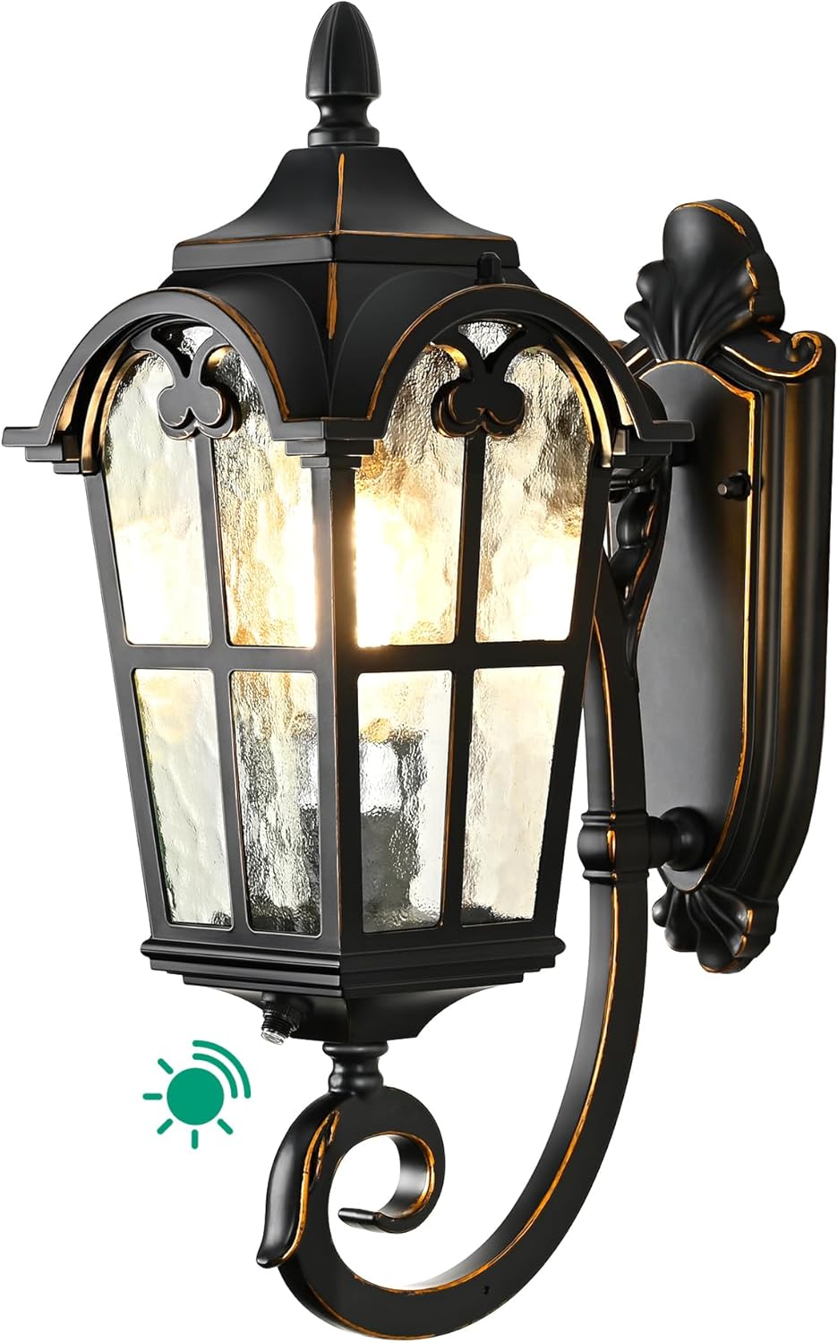EDISHINE Dusk to Dawn Outdoor Wall Light, 17" Exterior Light Fixture Wall Lantern, Black Roman Porch Light Wall Lamp with Water Ripple Glass, Waterproof Wall Mount Sconce for Porch, Garage, Patio