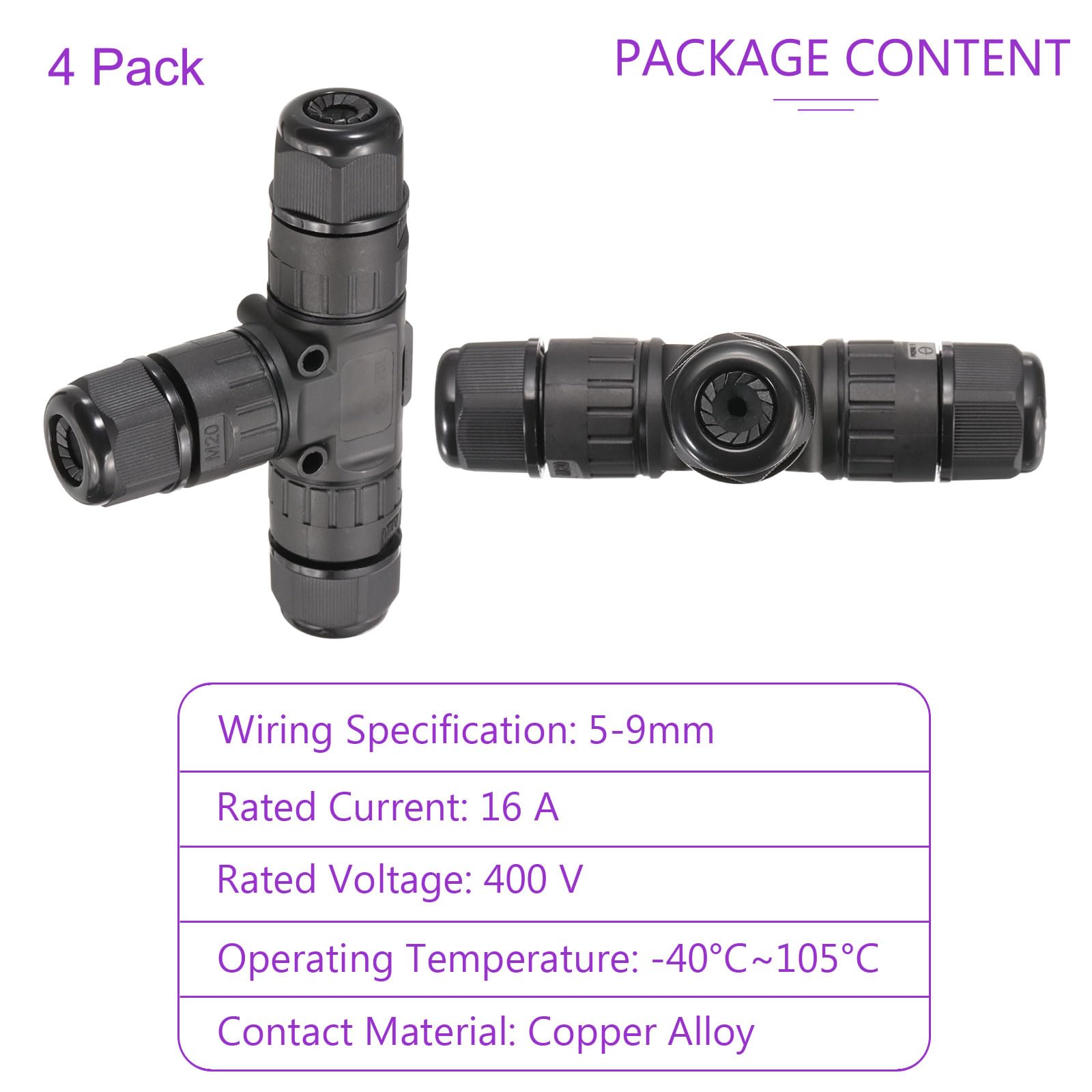 DMiotech 4 Pcs Waterproof Junction Box Electrical Cable Connector 3 Pin T Type Outdoor Wire Connectors Wire Range(5-9mm) for Tunnel Lights Underwater Lights - Image 4