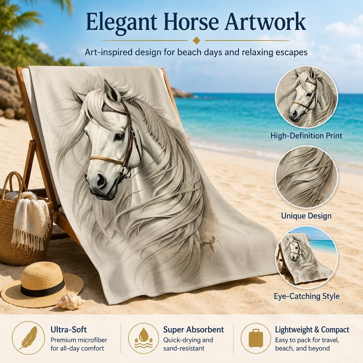 Serviette de Plage Cheval Blanc Microfibre Rapide 200x200 cm