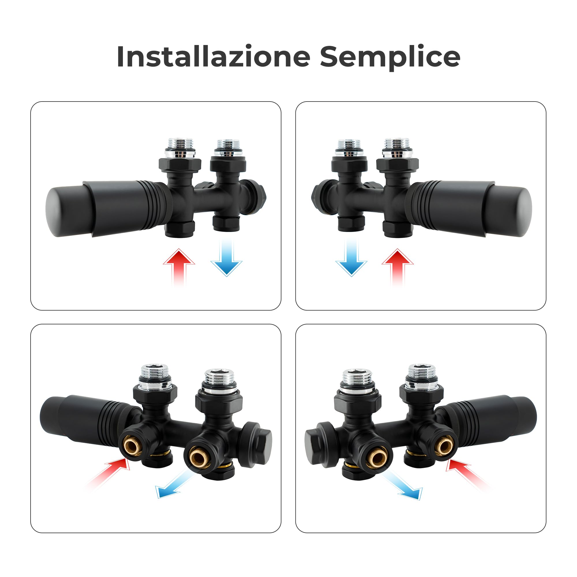 VANCOCO Nero Opaco Valvola Radiatore Angolare H, Attacco Centrale 50mm Universale con Testa Termostatica