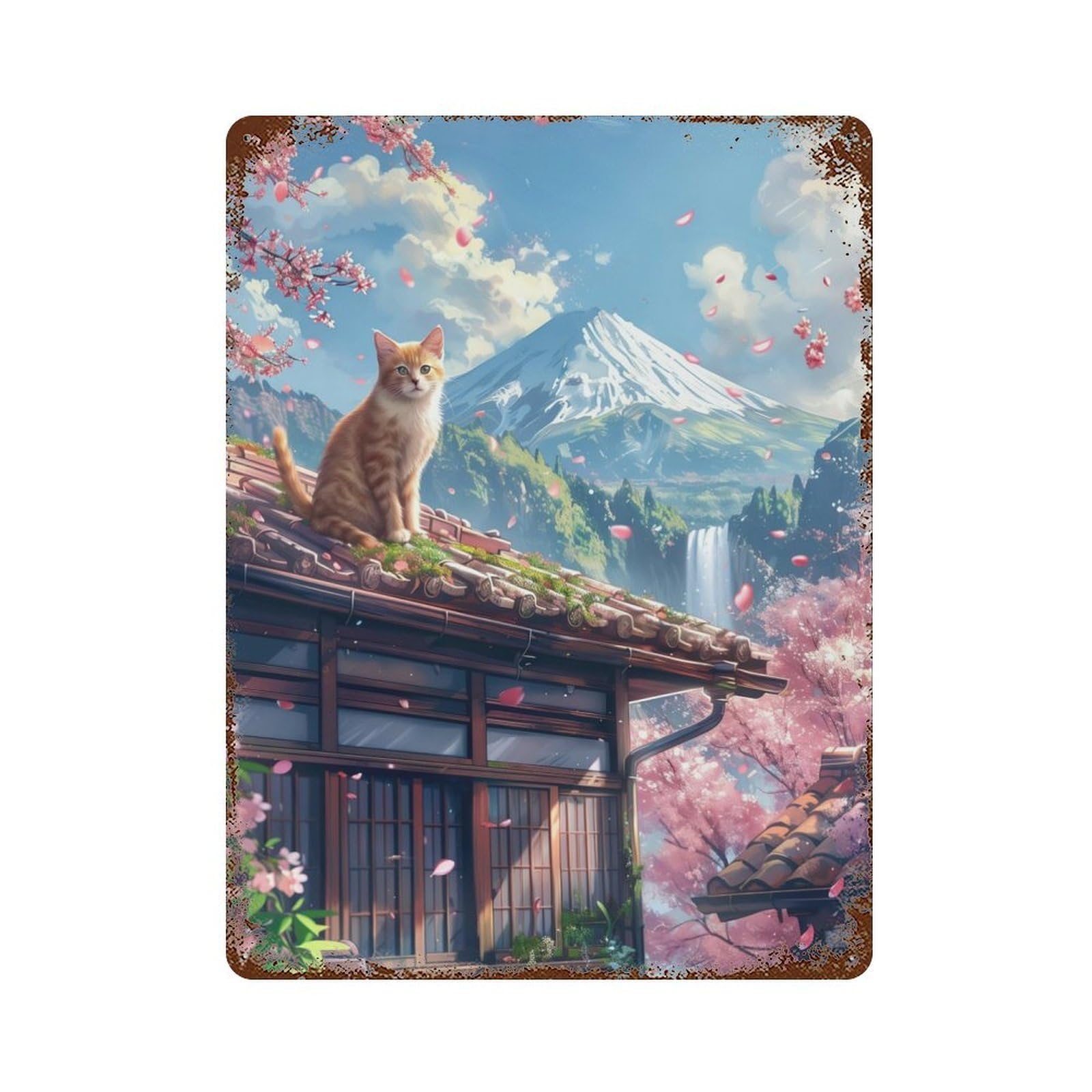 Distressed Metal Wall Sign with Brown Cat in Tokyo Design 15.7"x11.8", for Office, Studio And Wall Decor, Industrial Home Decor