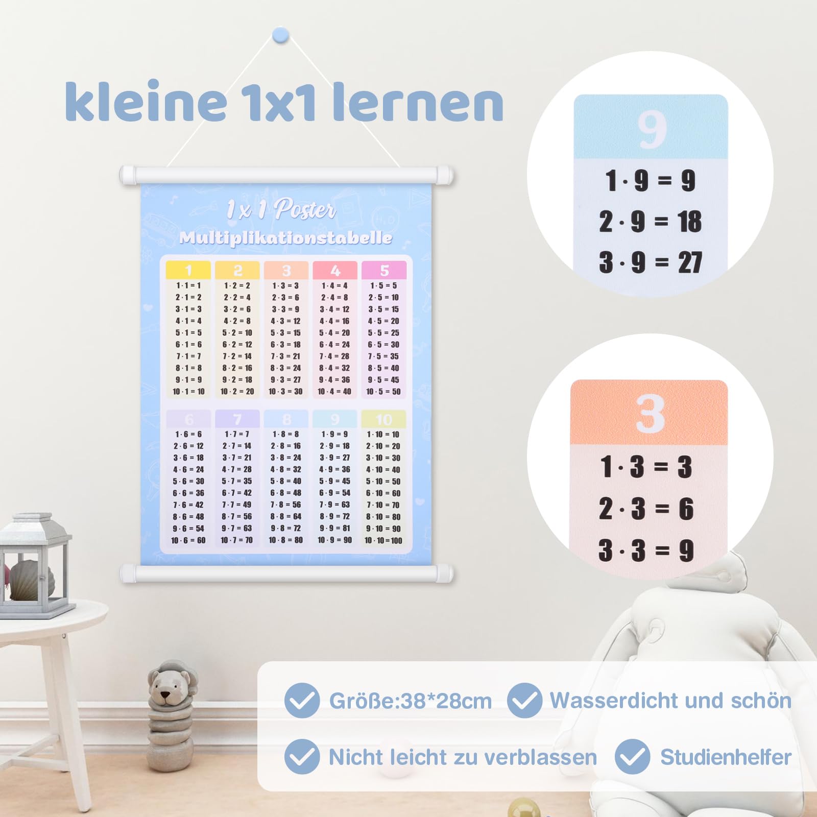 Poster éducatif Tables De Multiplication 1x1 - 38x28cm, Plastique Solide, Pour école Primaire Ou Soutien à La Maison