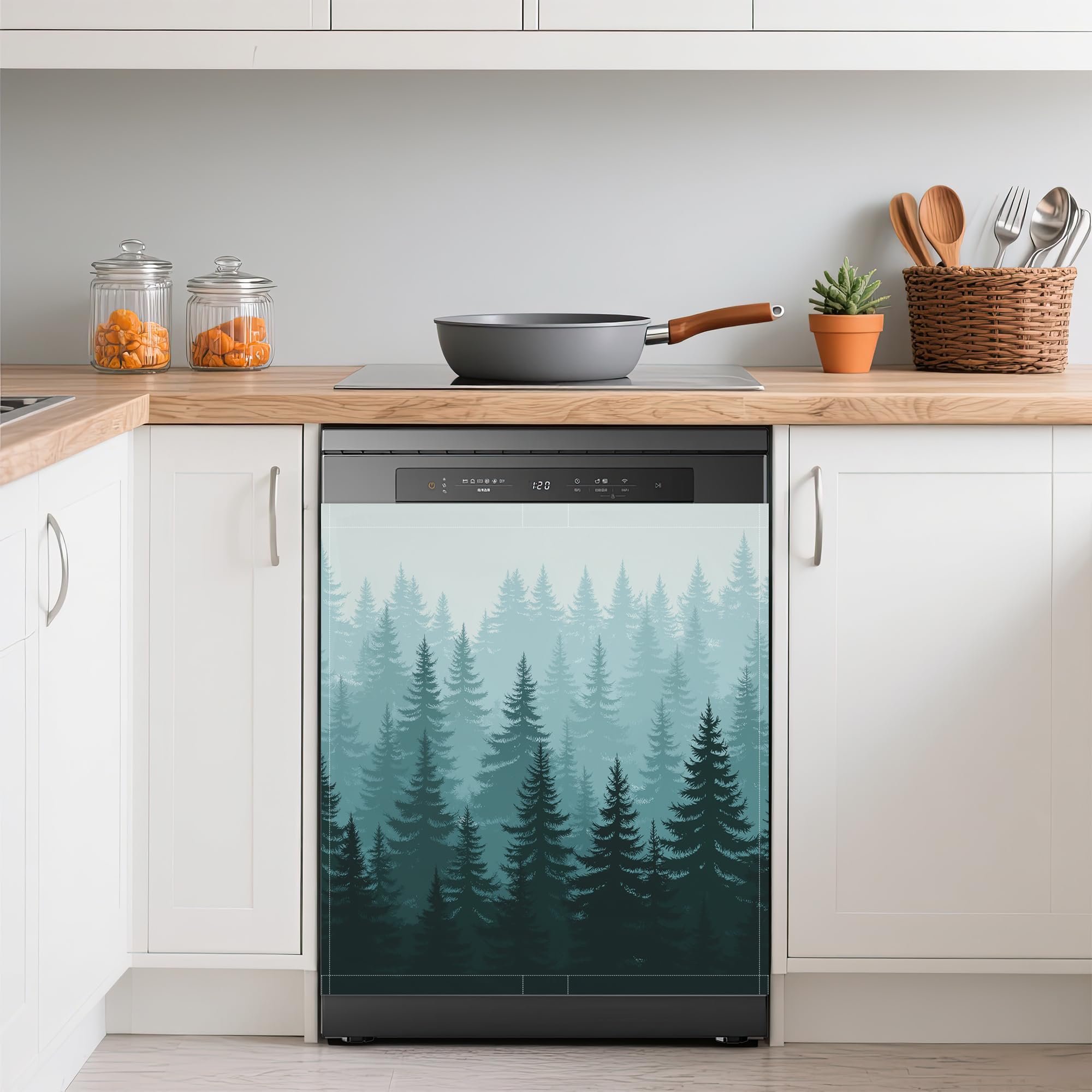Foggy Forest Refrigerator Magnet Cover,Green Pine Trees Washable Dishwasher Magnets Decorative Cover,Home Kitchen Decorative Dishwasher Front Panel Cover 23x26 Inch