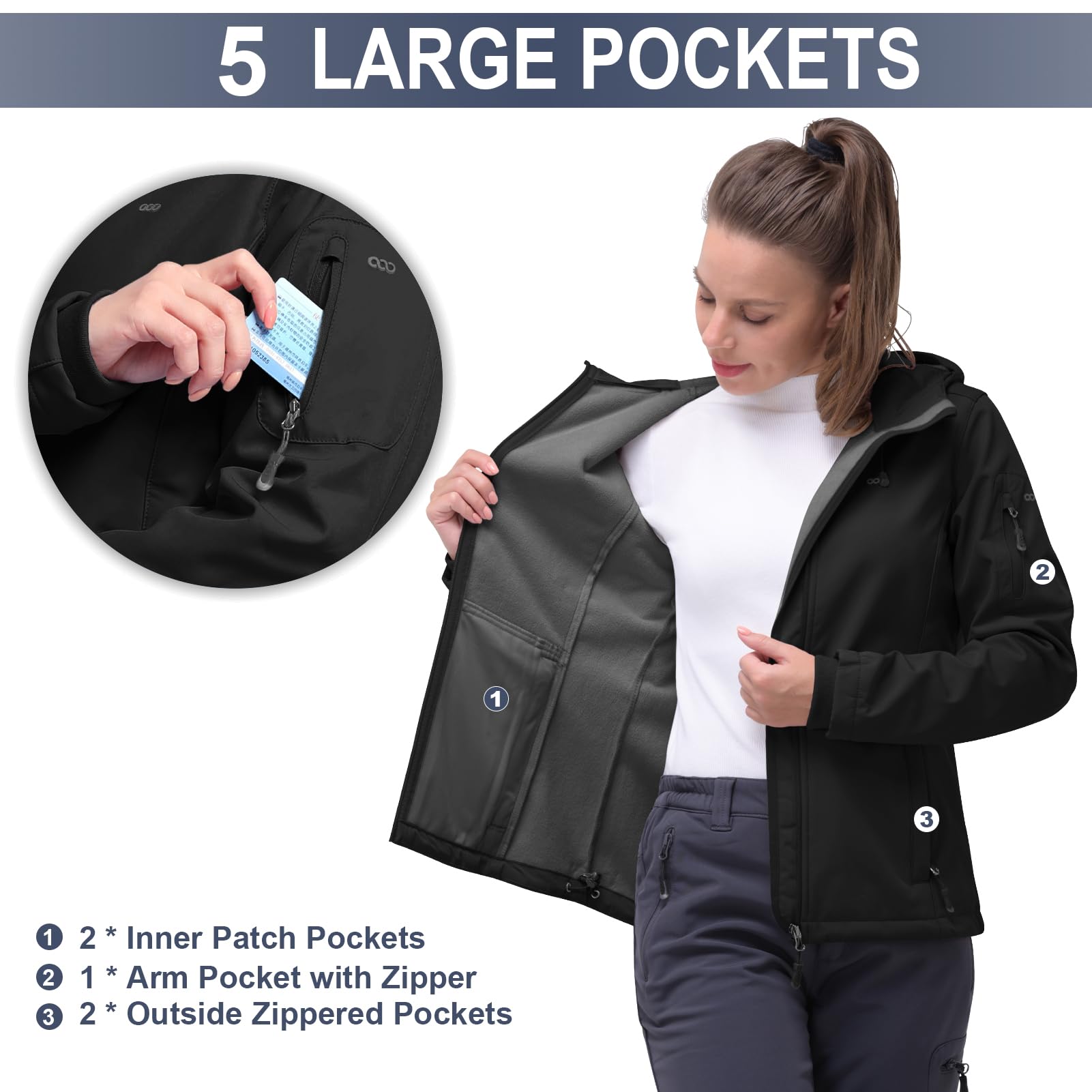 33,000ft Giacca softshell da donna, impermeabile, traspirante, calda, in pile, antivento, con cappuccio