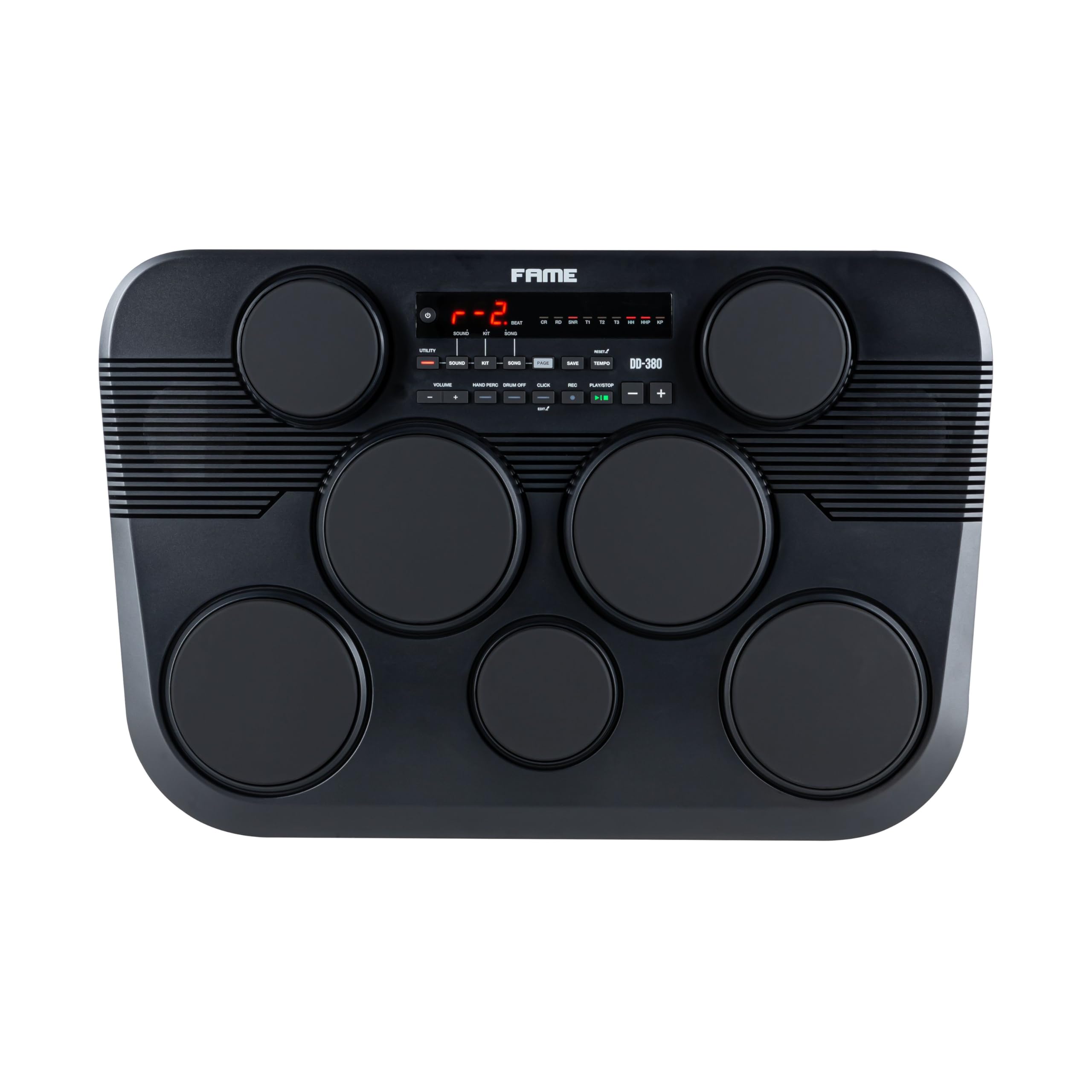 Fame DD-380 Digital Drum Set, Kompaktes E-Drum, 273 Sounds, 45 Kits, 7 anschlagsdynamische Pads, Recording-Funktion, USB-MIDI, Metronom, inkl. Sticks & Netzteil, Ideal für Zuhause & unterwegs