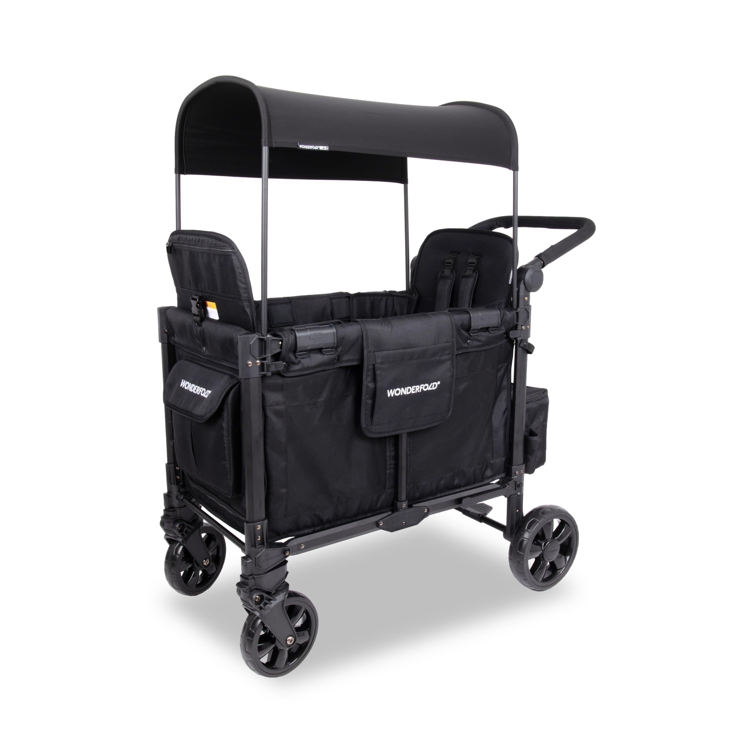 WONDERFOLD W2 Elite Pro Stroller Wagon (2 Seater) - Collapsible Wagon Stroller with Seats with 5-Point Harnesses, Adjustable Push Handle, and Adjustable Sun Canopy, Jet Black