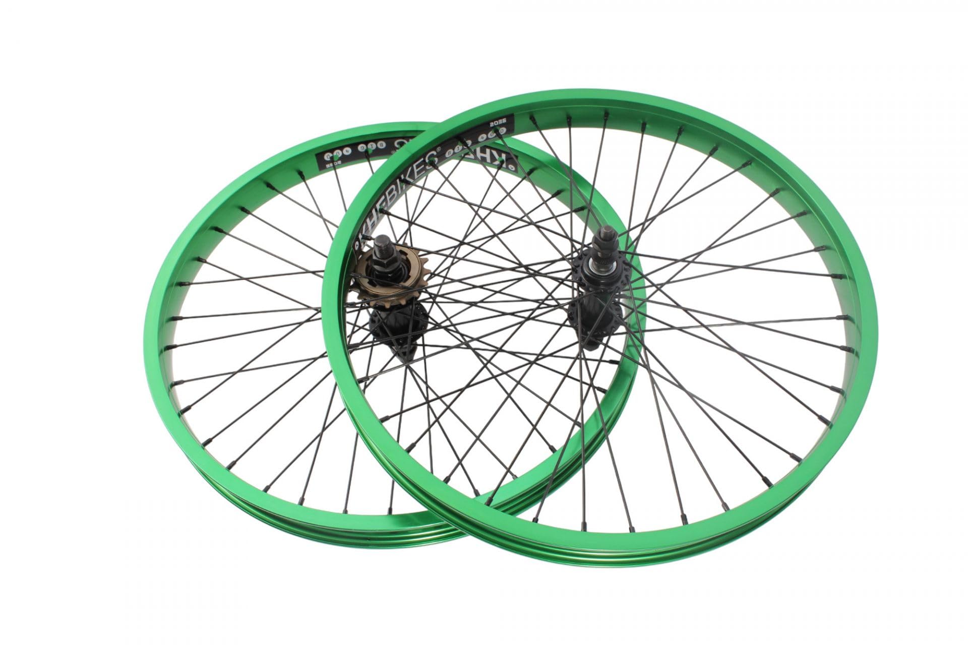 KHE Prism BMX zestaw kółek biegowych, 20 cali, zielone anodowane, szerokość obręczy 38 mm, 16 zębów, wolne koło zębate