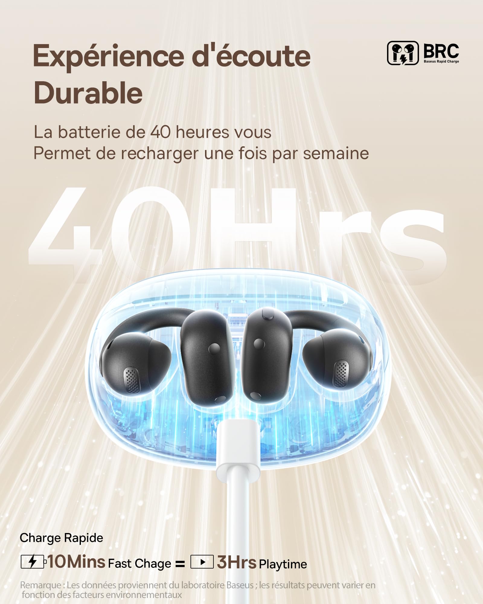 Baseus Bowie MC1 Casque Ouvert, Ecouteur Conduction Osseuse avec Son Impressionnant, Renforcement des Basses Adaptatif, Bluetooth 5.4, Réduction du Bruit Lors des Appels, IP57, Autonomie de 40h