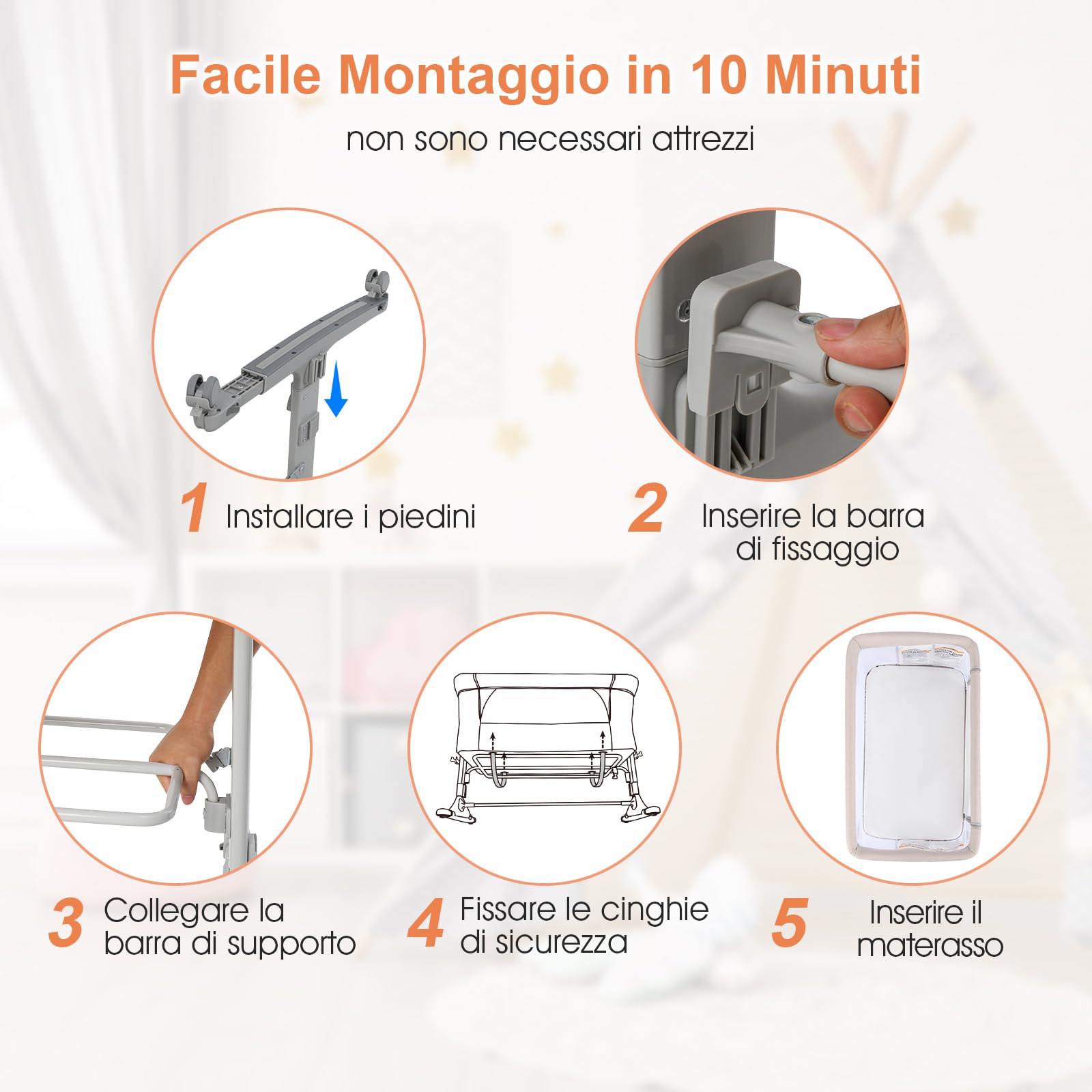 RELAX4LIFE 3 en 1 Cuna Colecho con Altura Ajustable en 5 Posiciones, 4 Ruedas Bloqueable y Ajustable, Cuna Bebe con Colchón Acolchado y Correa de Sujeción para Niños 0-6 Meses, Carga 9kg (Beige)